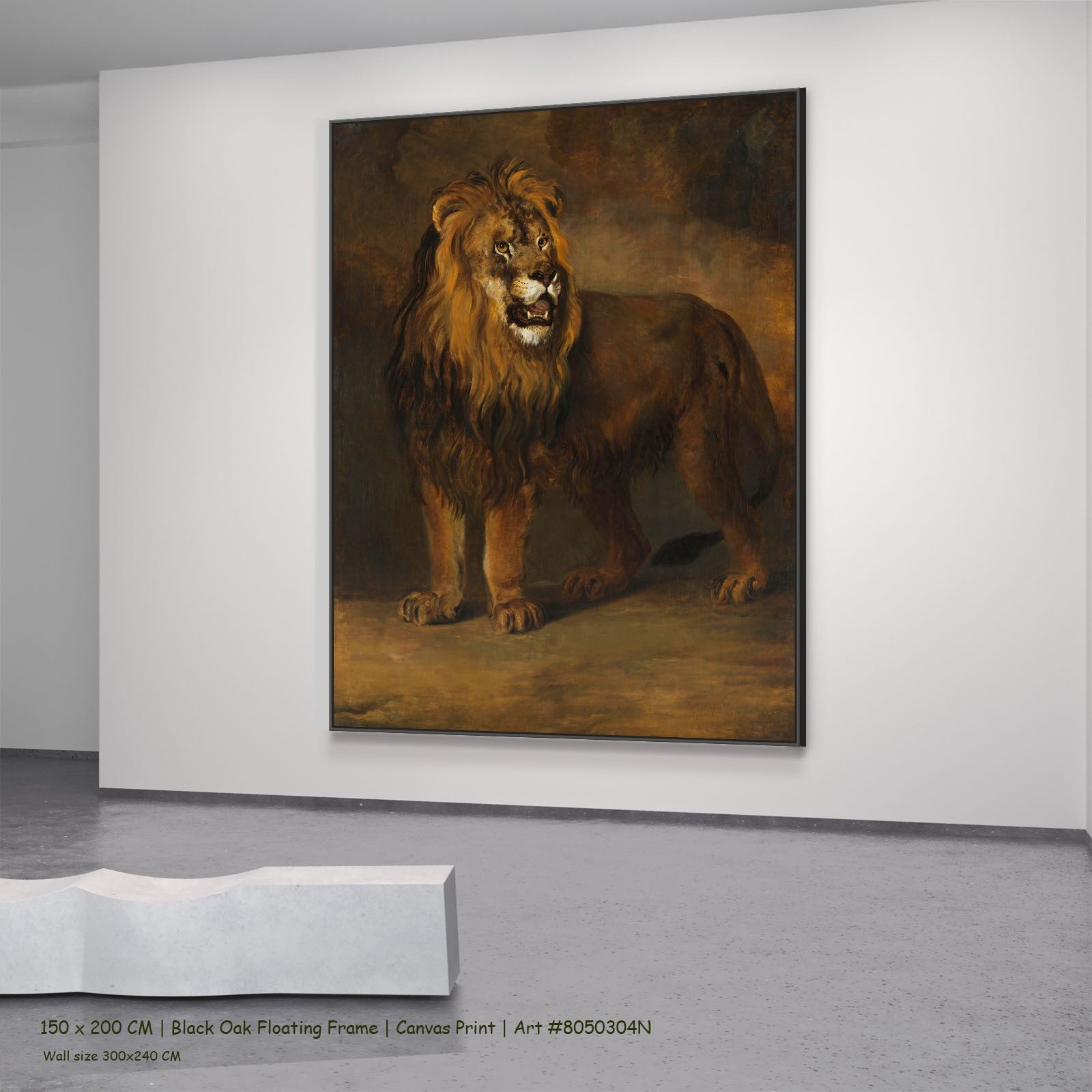A Lion from the Menagerie of King Louis Napoleon Wildlife canvas wall art in a black oak floating frame, 150 × 200 cm