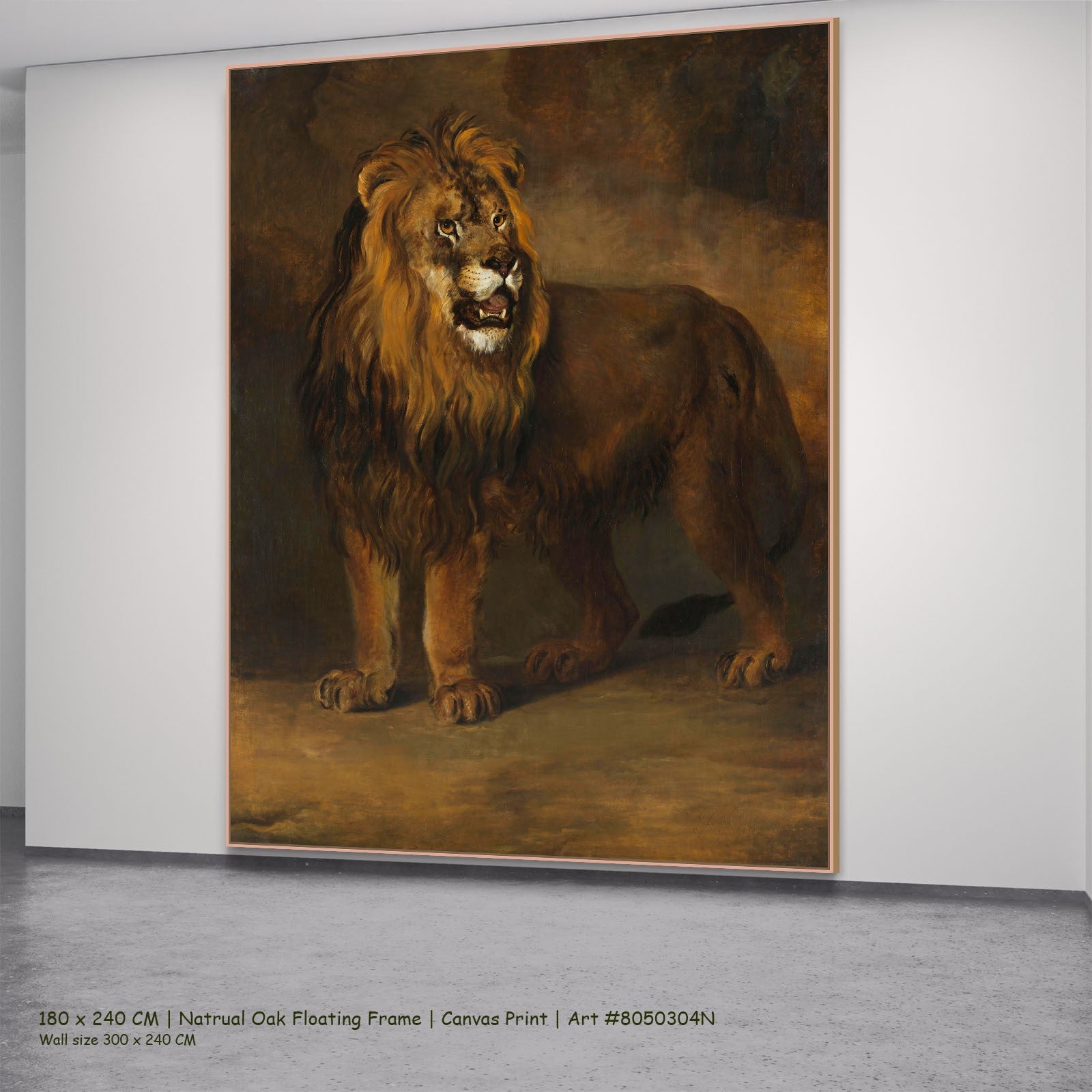 A Lion from the Menagerie of King Louis Napoleon Wildlife canvas wall art in a natural oak floating frame, 180 × 240 cm