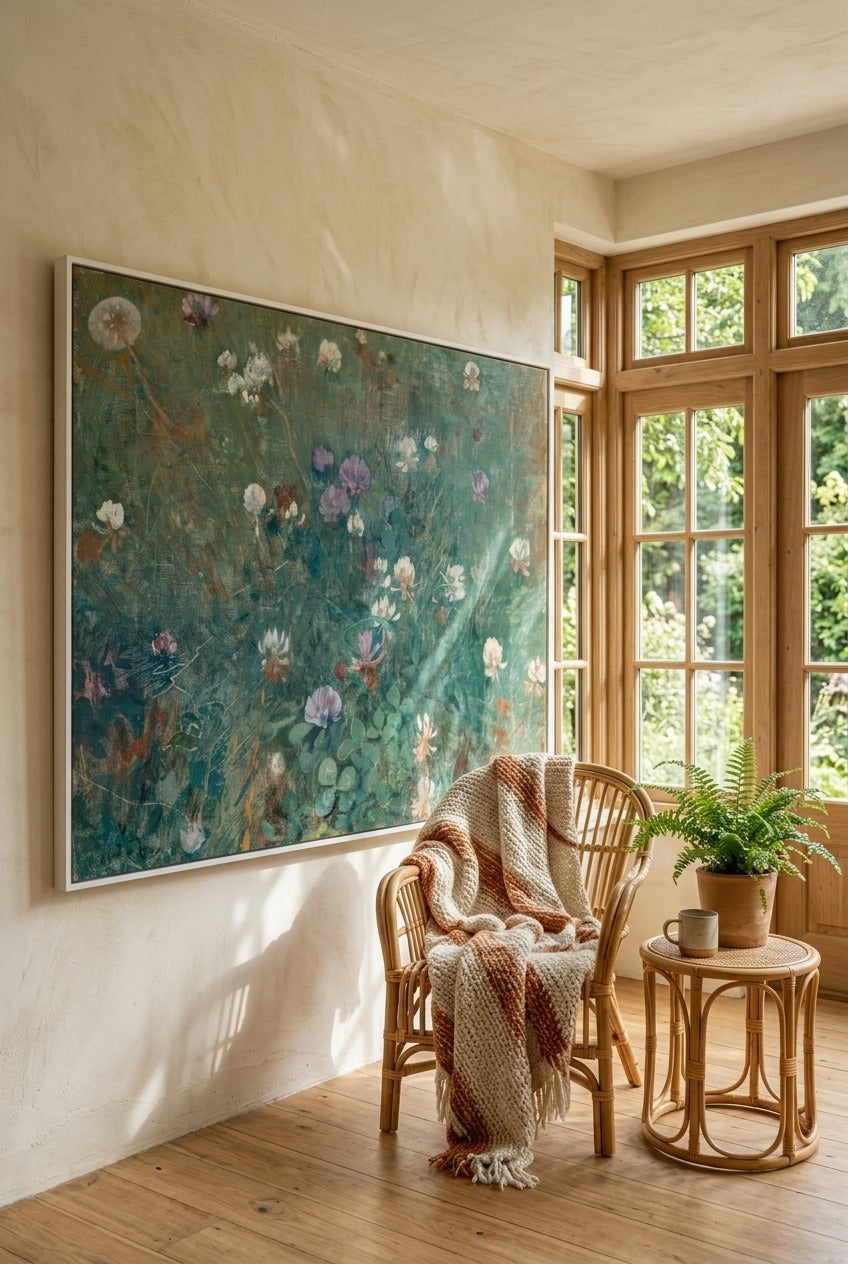 Jac van Looij | Large Green Floral Canvas Wall Art | Blooming Clover