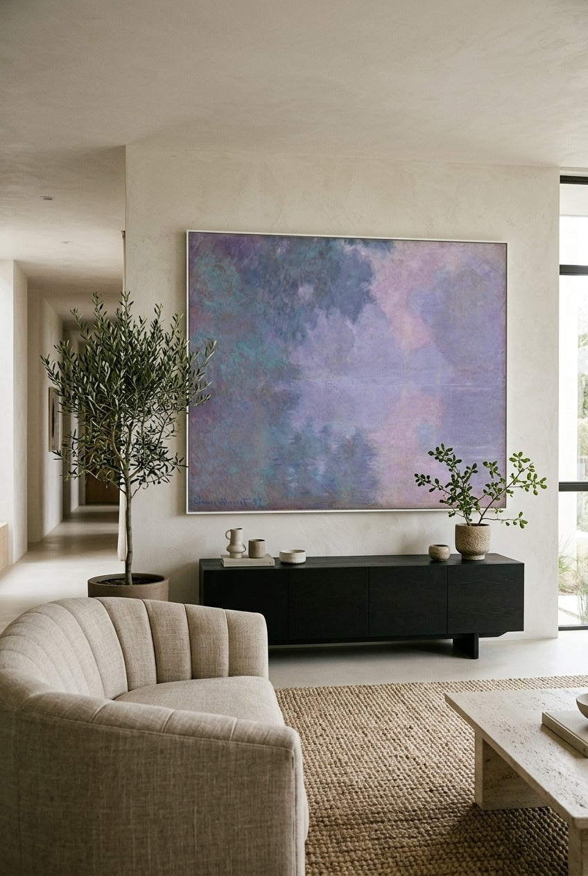 Claude Monet | Large Pink Grey Impressionist Canvas Wall Art | Morning on the Seine