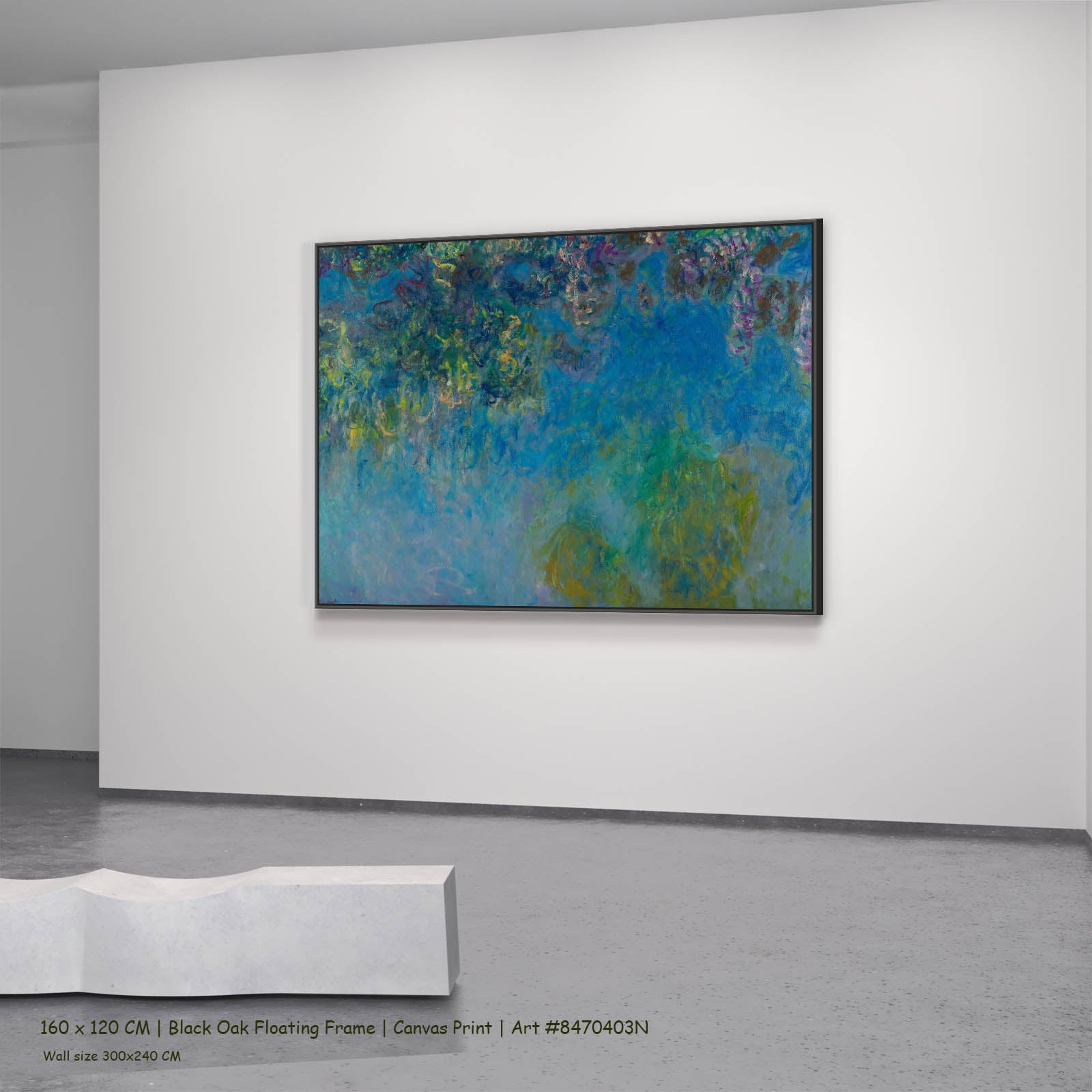 Wisteria Floral canvas wall art in a black oak floating frame, 160 × 120 cm