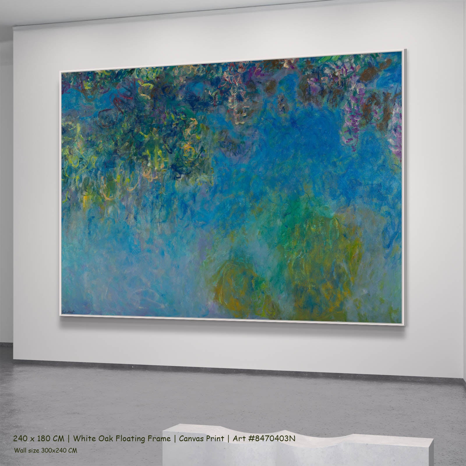Wisteria Floral canvas wall art in a white oak floating frame, 240 × 180 cm