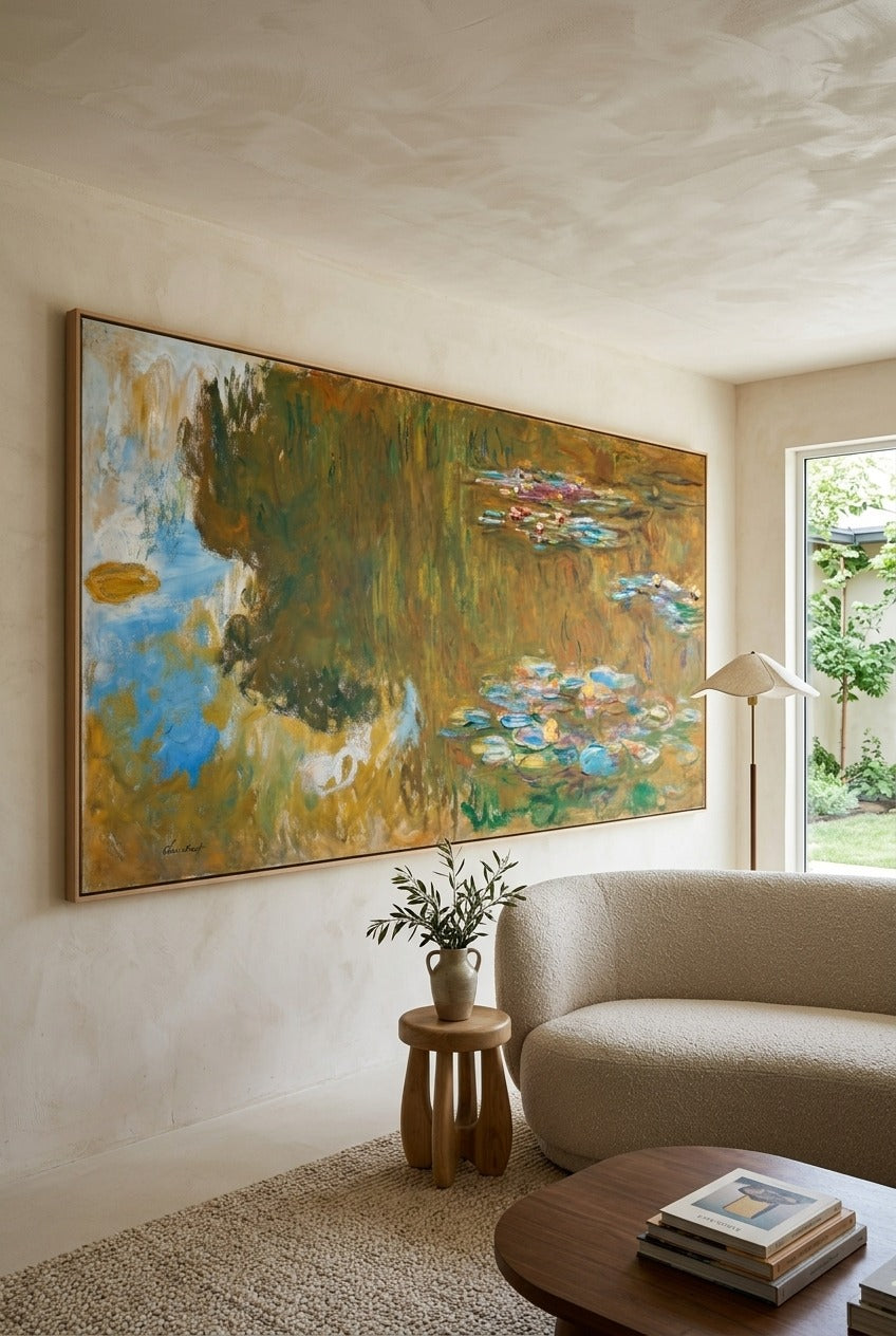 Claude Monet | Panoramic Yellow Olive Impressionist Canvas Wall Art | The Water Lily Pond