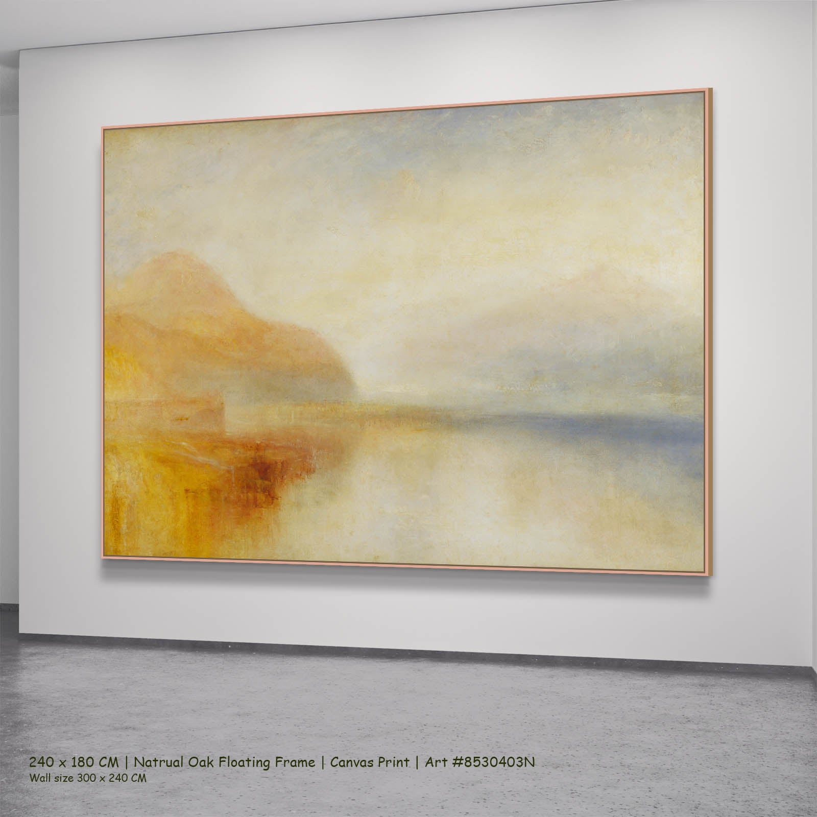 Inverary Pier, Loch Fyne: Morning Coastal canvas wall art in a natural oak floating frame, 240 × 180 cm