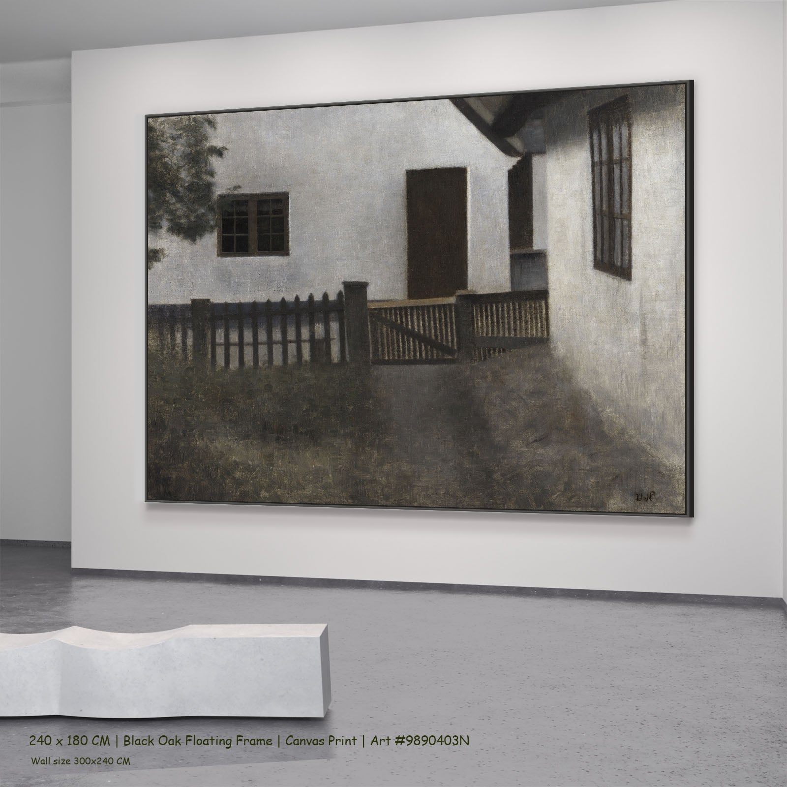 Husgavle. Frederiksværk. Sommer. by Vilhelm Hammershoi in a black oak floating frame, large brown and olive Symbolist canvas