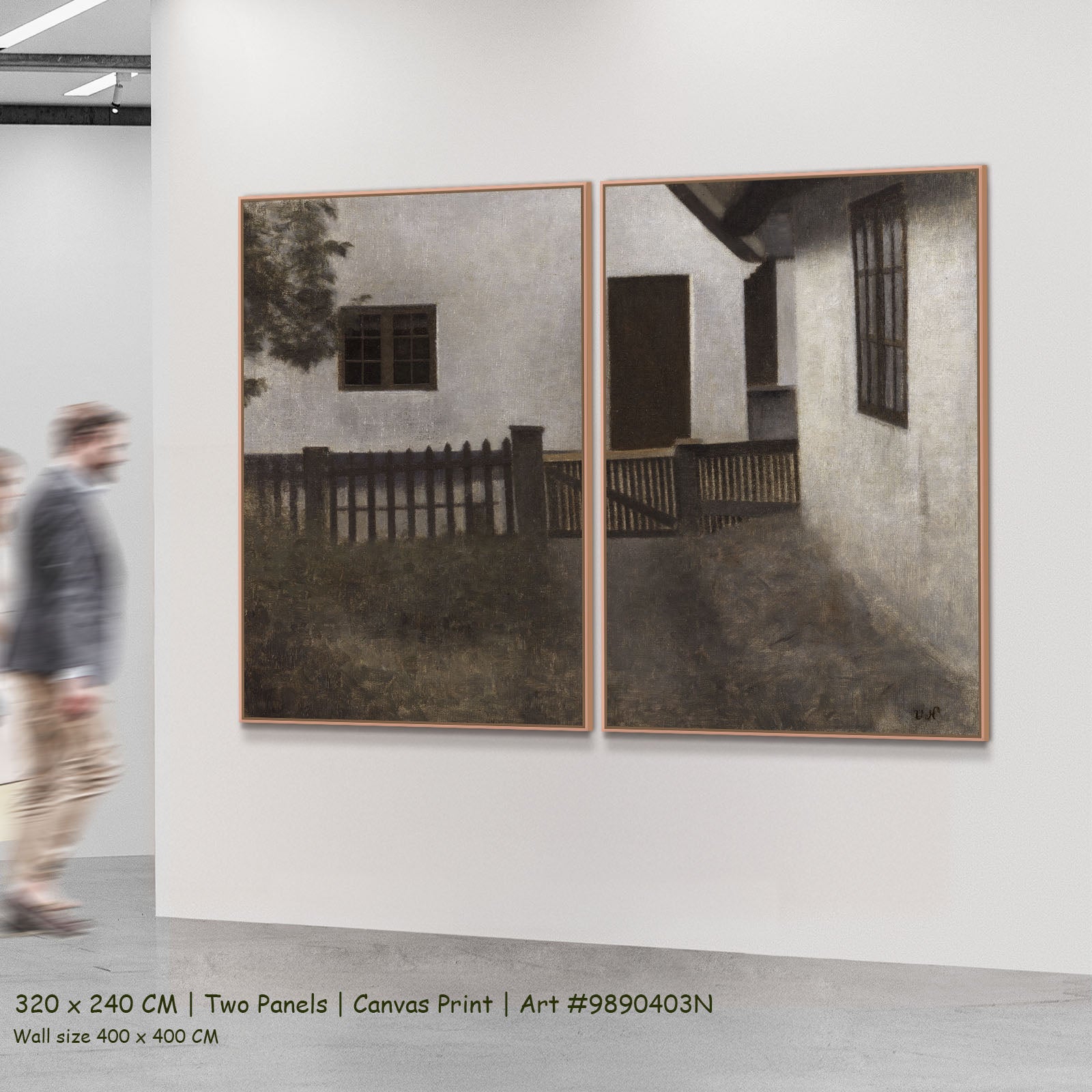 Husgavle. Frederiksværk. Sommer. by Vilhelm Hammershoi as a large two-panel brown and olive Symbolist canvas set