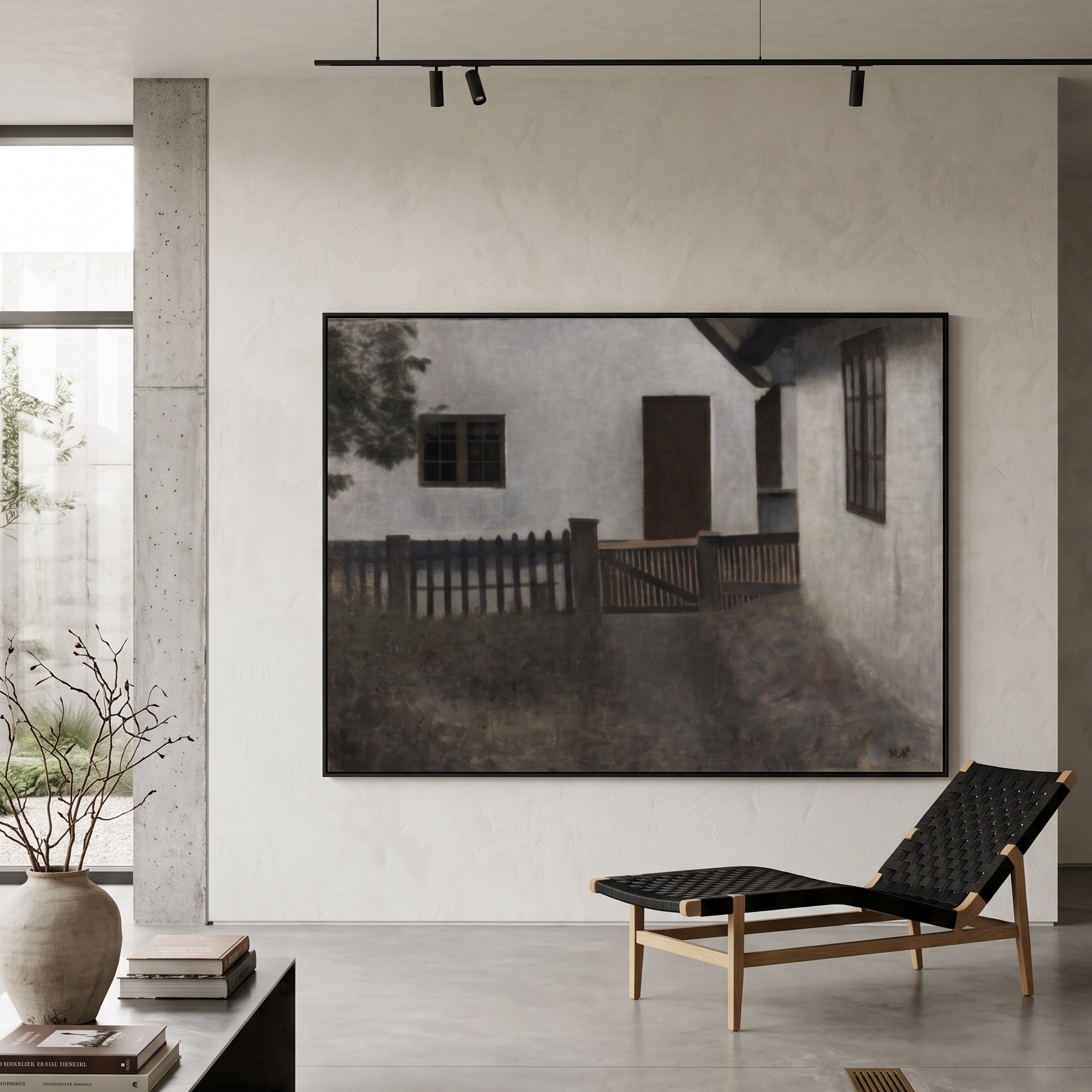 Husgavle. Frederiksværk. Sommer. by Vilhelm Hammershoi — large brown and olive Symbolist canvas art on a hallway wall