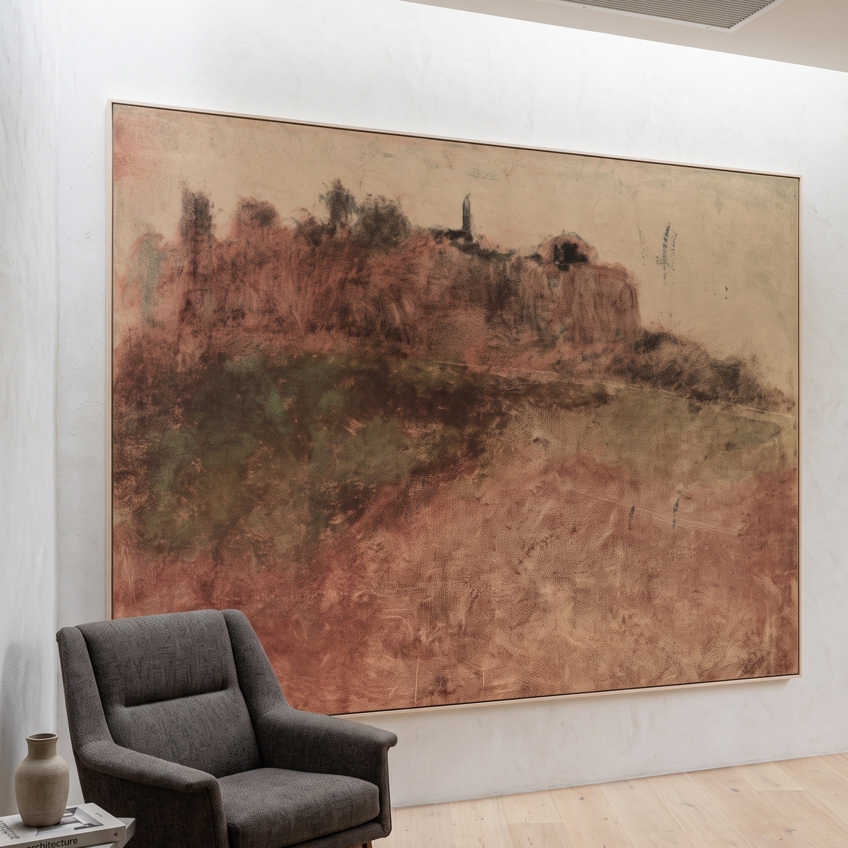Estérel Village by Edgar Degas — large orange and brown Landscape canvas art on a hallway wall