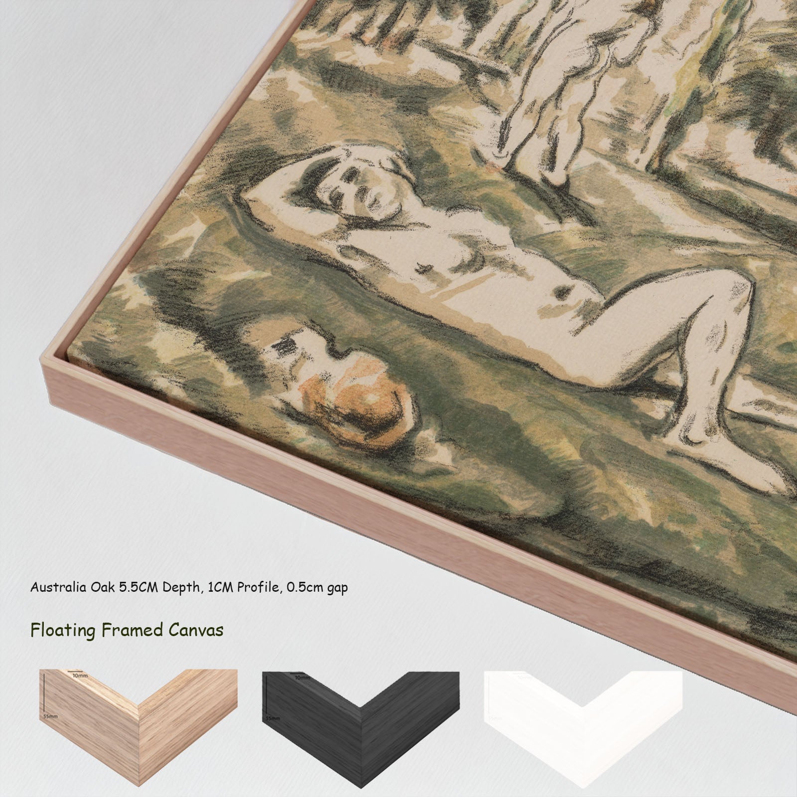 The Bathers by Paul Cezanne in a floating frame, large olive and green Impressionist canvas print