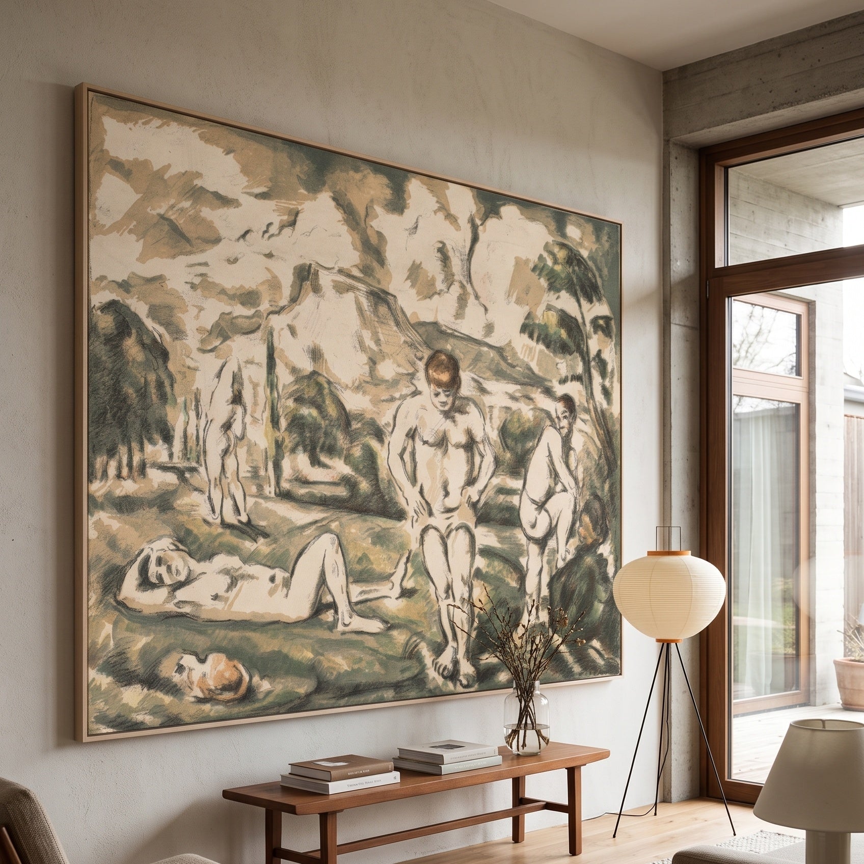 The Bathers by Paul Cezanne — large olive and green Impressionist canvas art on a living room wall