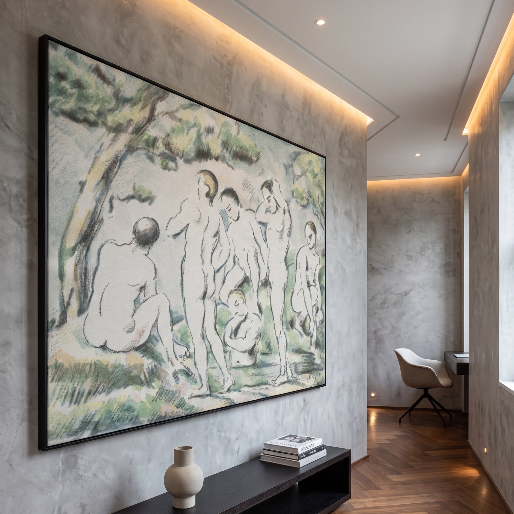 The Bathers by Paul Cezanne — large green and white Impressionist canvas art displayed on a wall