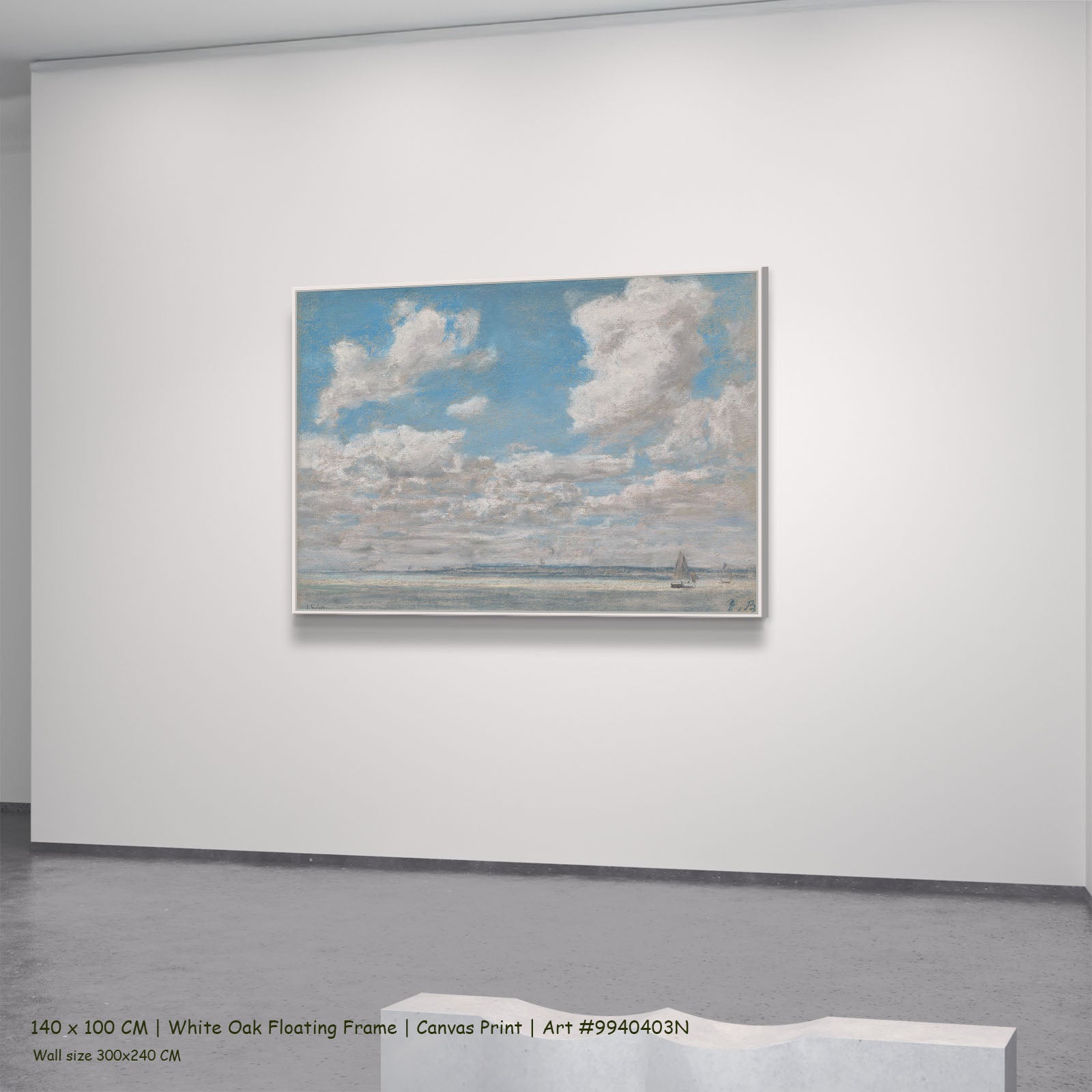Seascape with Open Sky by Eugene Boudin in a white oak floating frame, large light blue and white Impressionist canvas