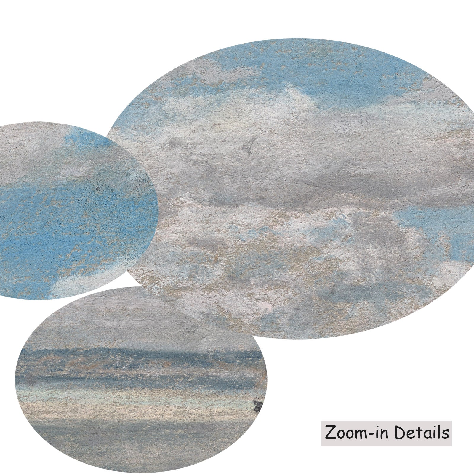Close-up detail of the brushwork on Seascape with Open Sky, a large light blue and white Impressionist canvas by Eugene Boudi