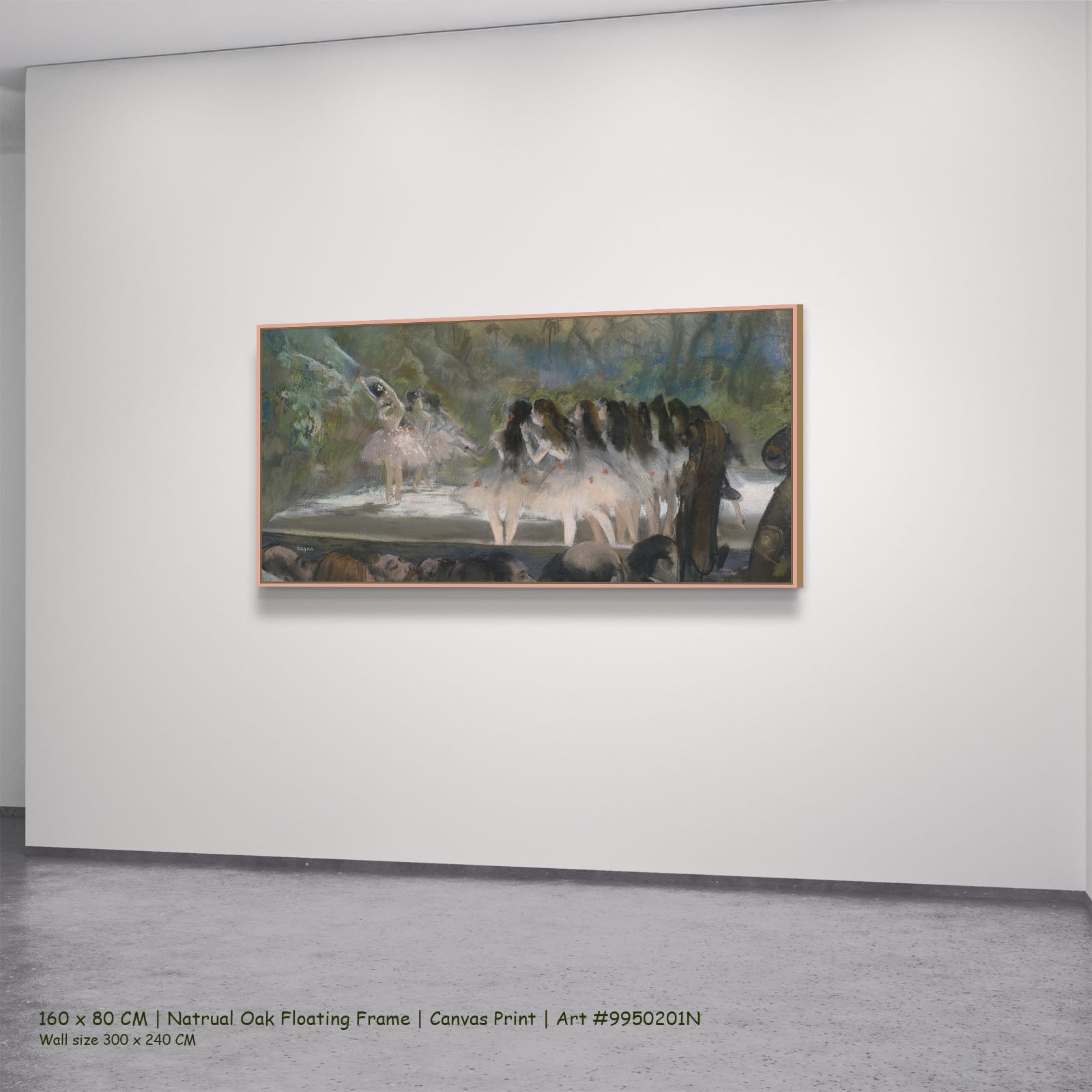 Ballet at the Paris Opéra by Edgar Degas in a natural oak floating frame, large green and olive Impressionist canvas