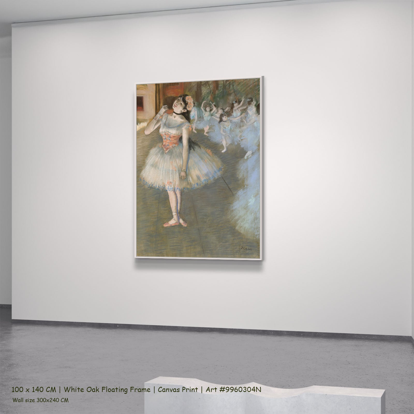 The Star by Edgar Degas in a white oak floating frame, large olive and pink Impressionist canvas