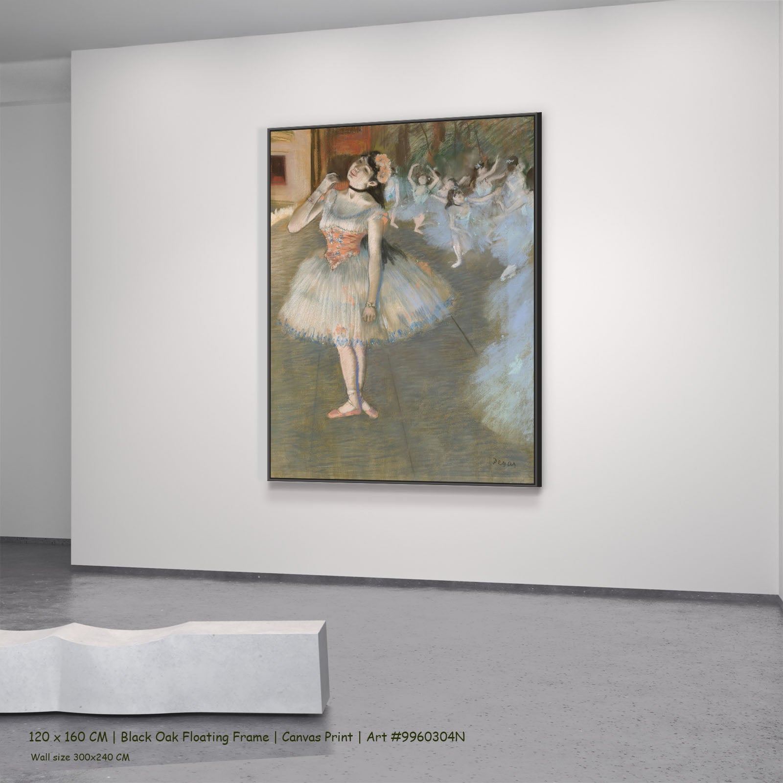 The Star by Edgar Degas in a black oak floating frame, large olive and pink Impressionist canvas