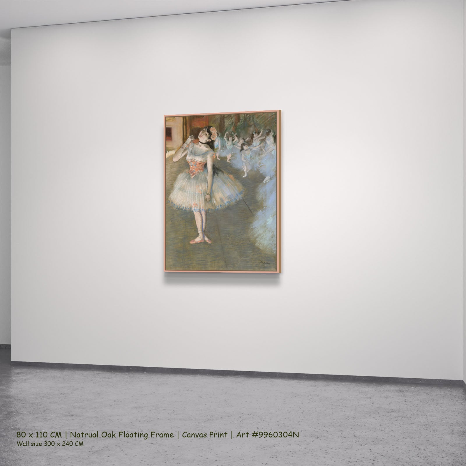 The Star by Edgar Degas in a natural oak floating frame, large olive and pink Impressionist canvas