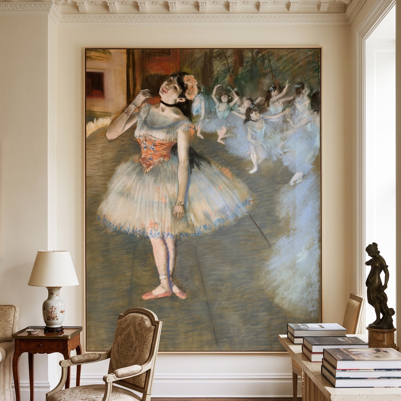 The Star by Edgar Degas — large olive and pink Impressionist canvas art on a hallway wall