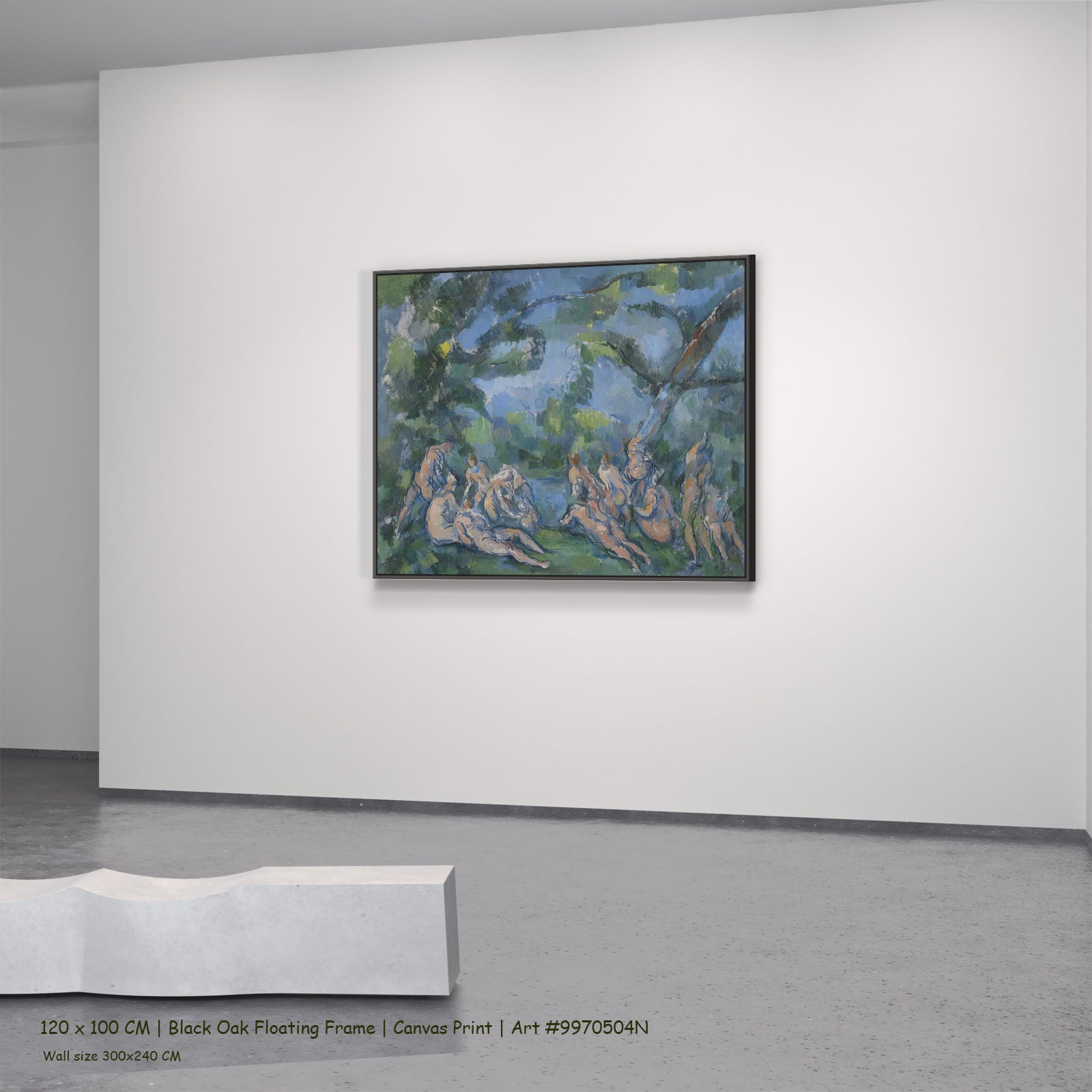 The Bathers by Paul Cezanne in a black oak floating frame, large blue and green Impressionist canvas