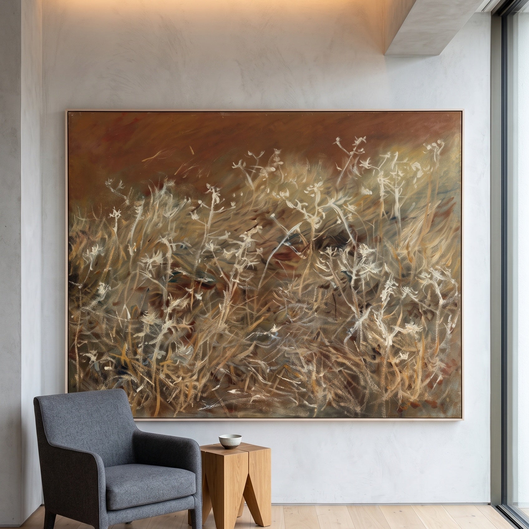 Thistles by John Singer Sargent — large gold and brown Impressionist canvas art on a living room wall
