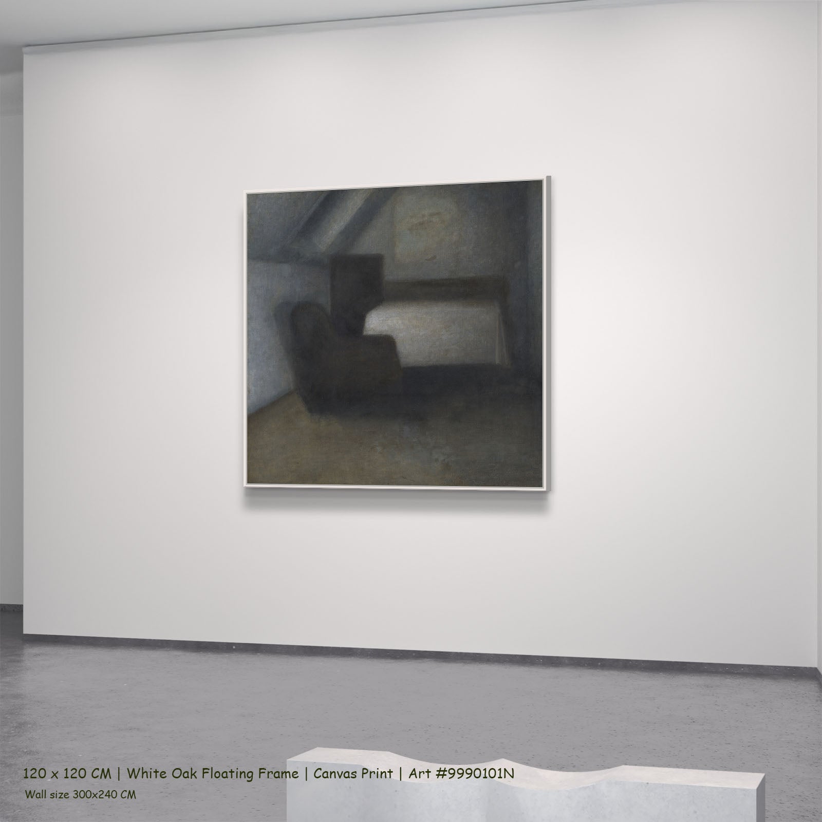 Attic Room with a Table and by Vilhelm Hammershoi in a white oak floating frame, large brown and grey Symbolist canvas