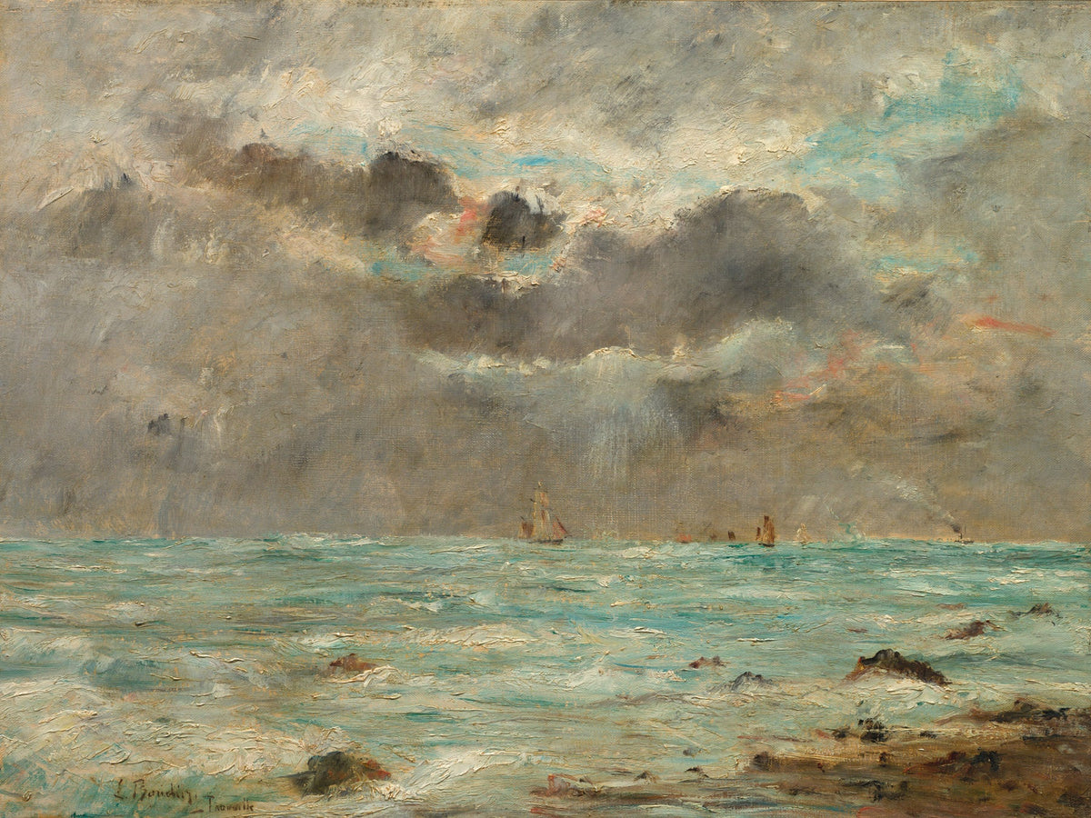 Large aqua and grey Impressionist canvas print of The Coast at Trouville by Eugene Boudin