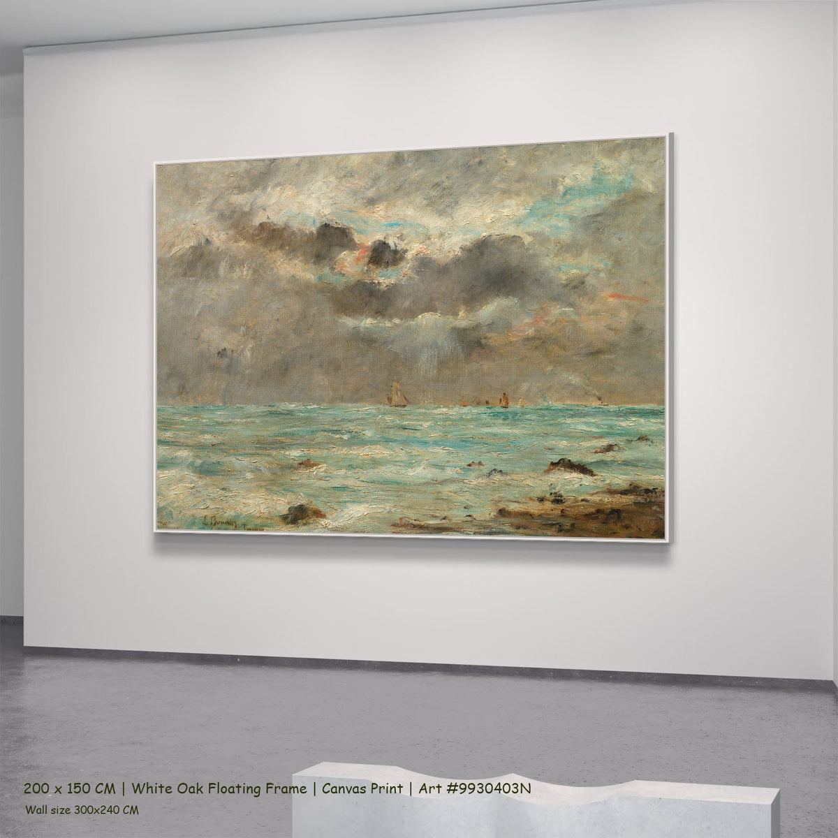 The Coast at Trouville by Eugene Boudin in a white oak floating frame, large aqua and grey Impressionist canvas