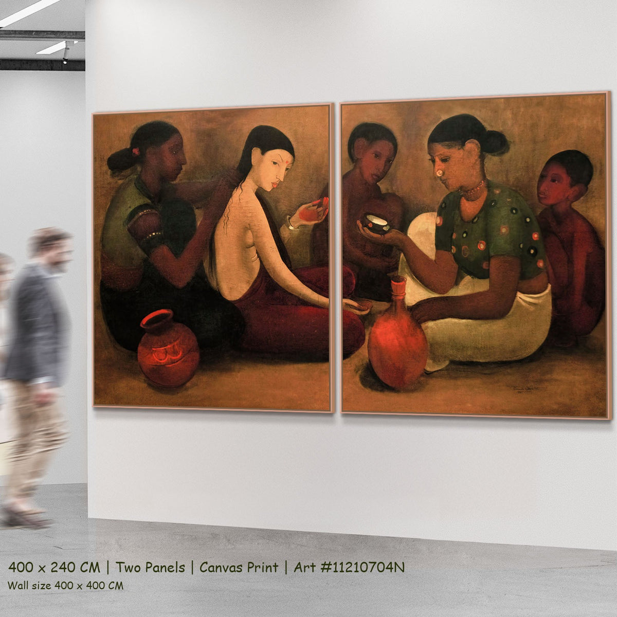 Bride's Toilet by Amrita Sher-Gil as a large two-panel brown and red Modernist canvas set