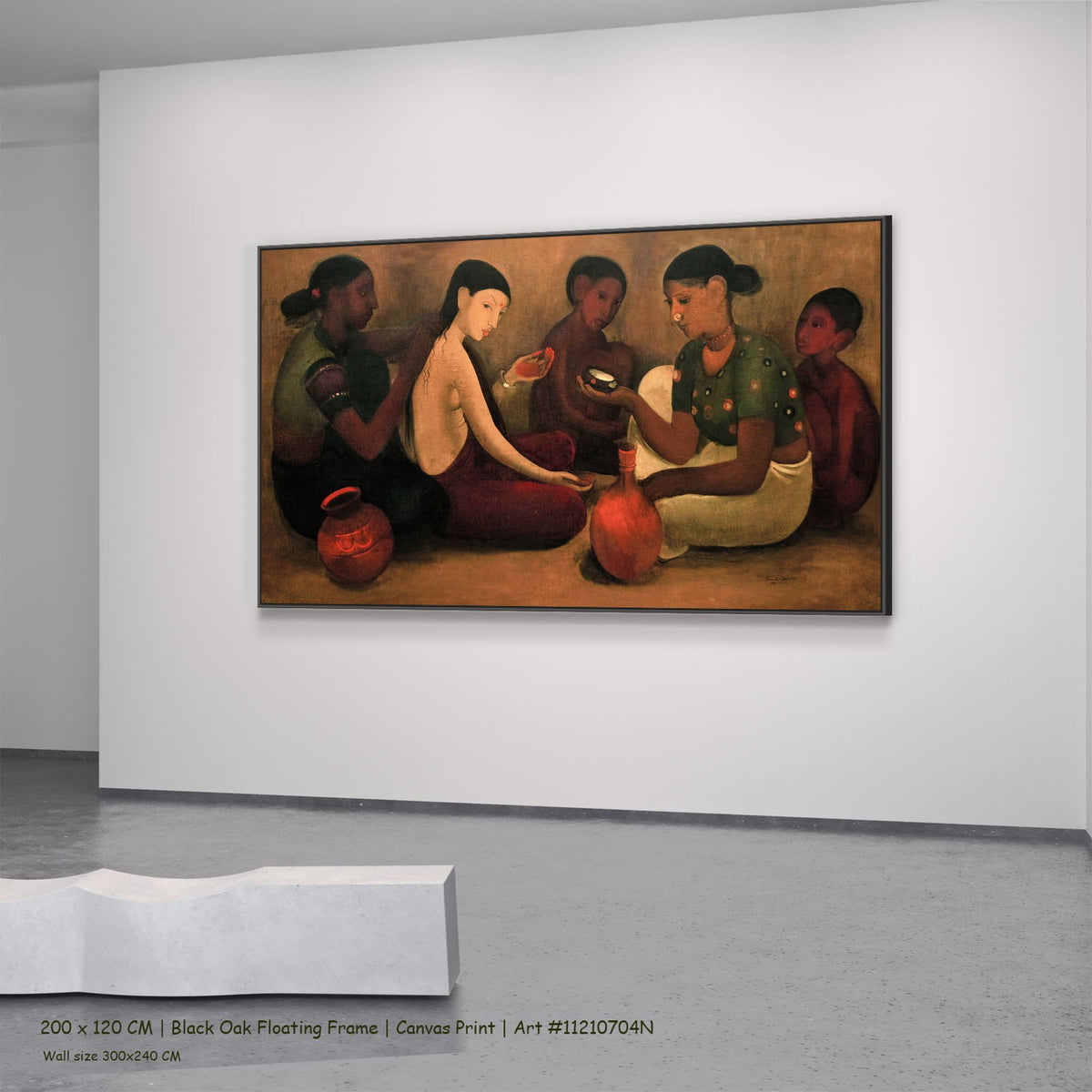 Bride's Toilet by Amrita Sher-Gil in a black oak floating frame, large brown and red Modernist canvas