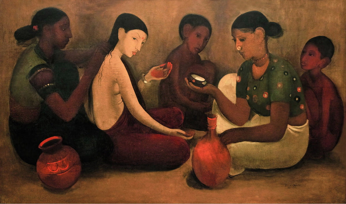 Large brown and red Modernist canvas print of Bride's Toilet by Amrita Sher-Gil