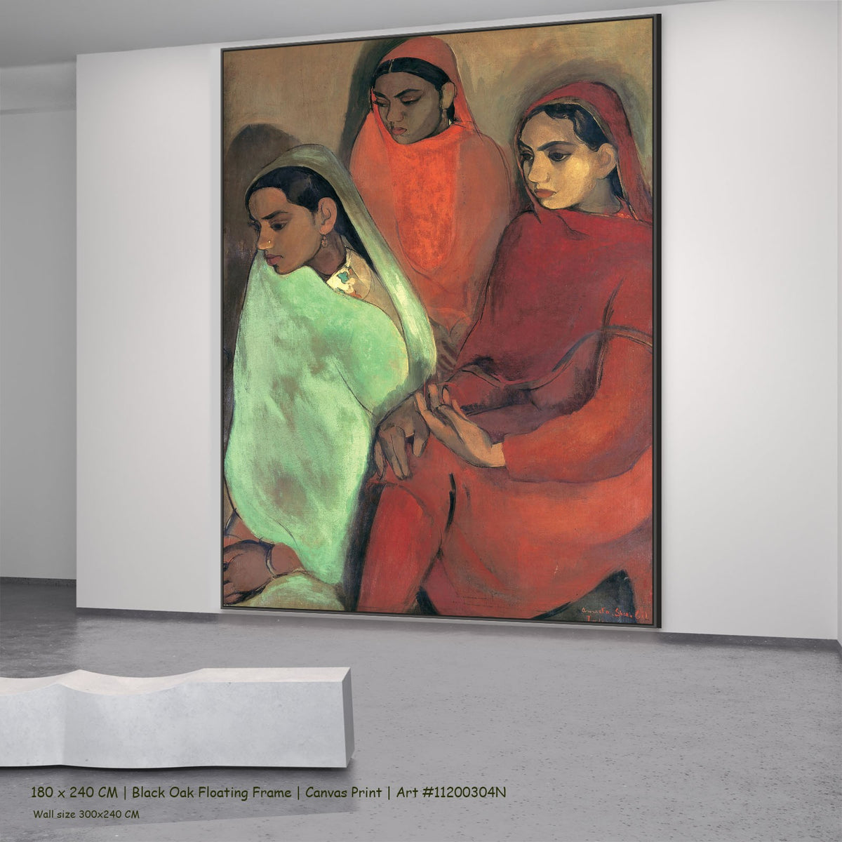 Three Girls by Amrita Sher-Gil in a black oak floating frame, large red and green Portrait canvas
