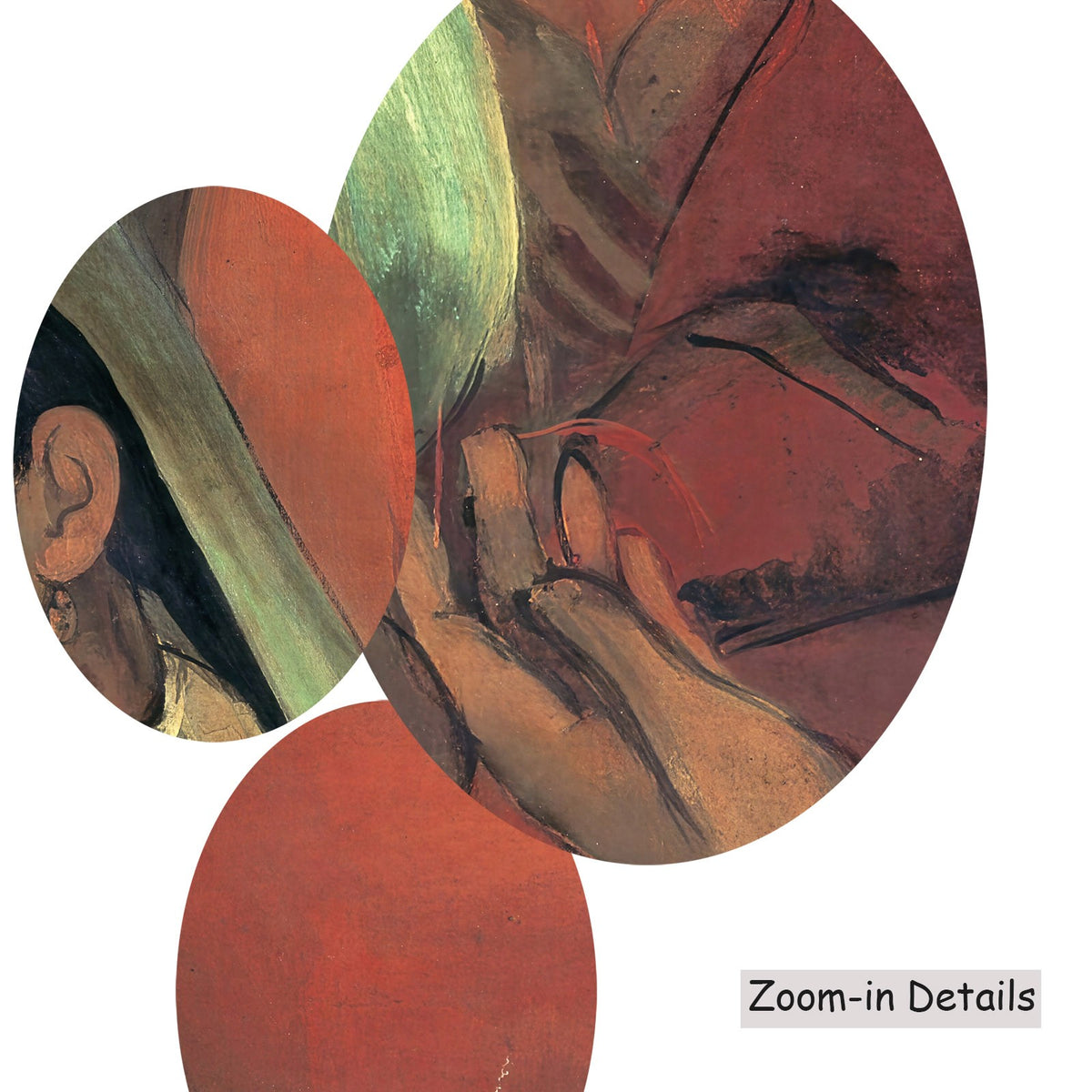 Close-up detail of the brushwork on Three Girls, a large red and green Portrait canvas by Amrita Sher-Gil