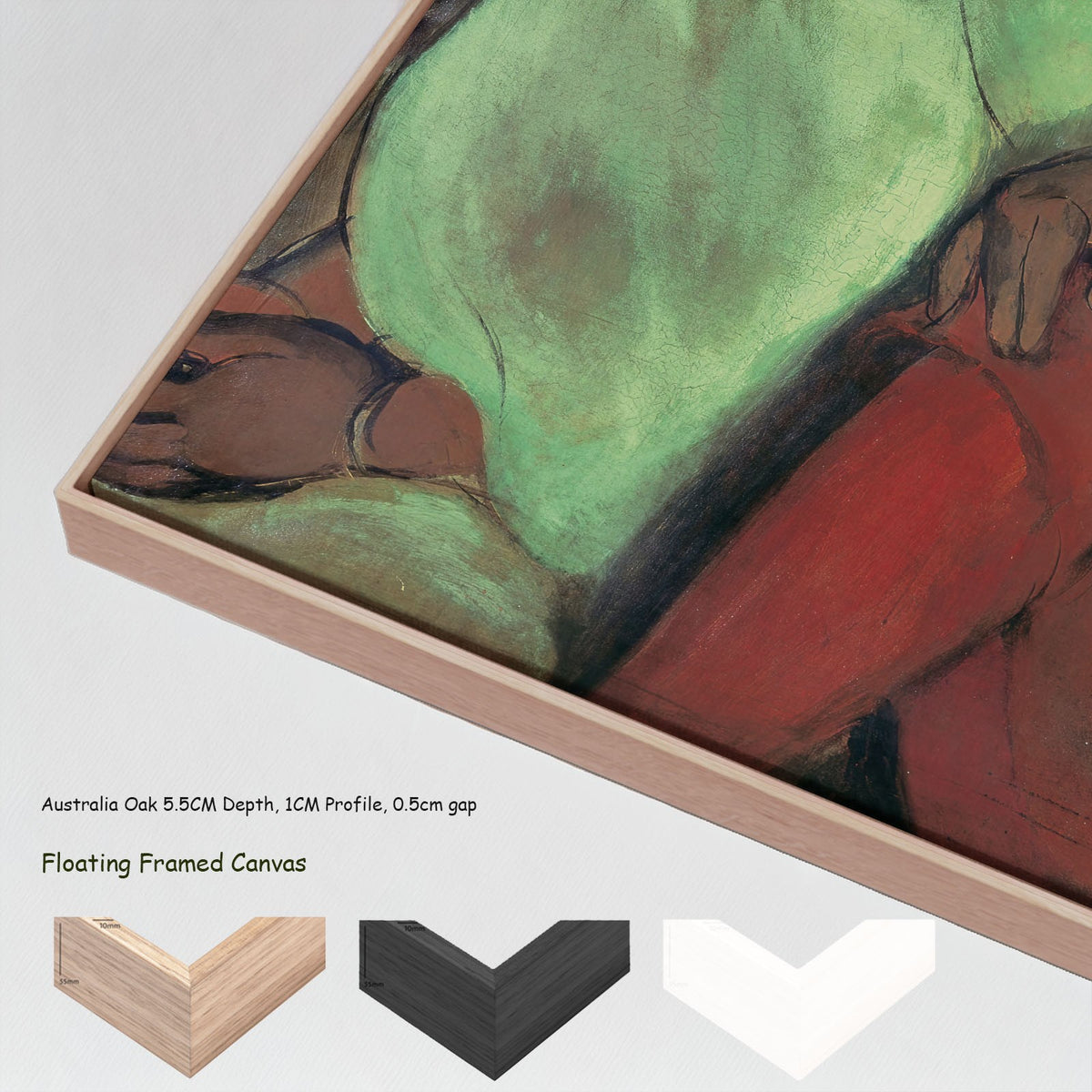 Three Girls by Amrita Sher-Gil in a floating frame, large red and green Portrait canvas print