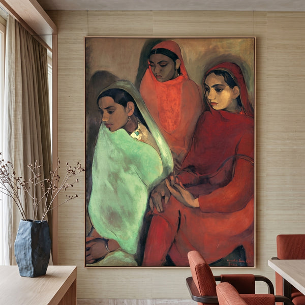 Amrita Sher-Gil | Large Red Green Portrait Canvas Art | Three Girls