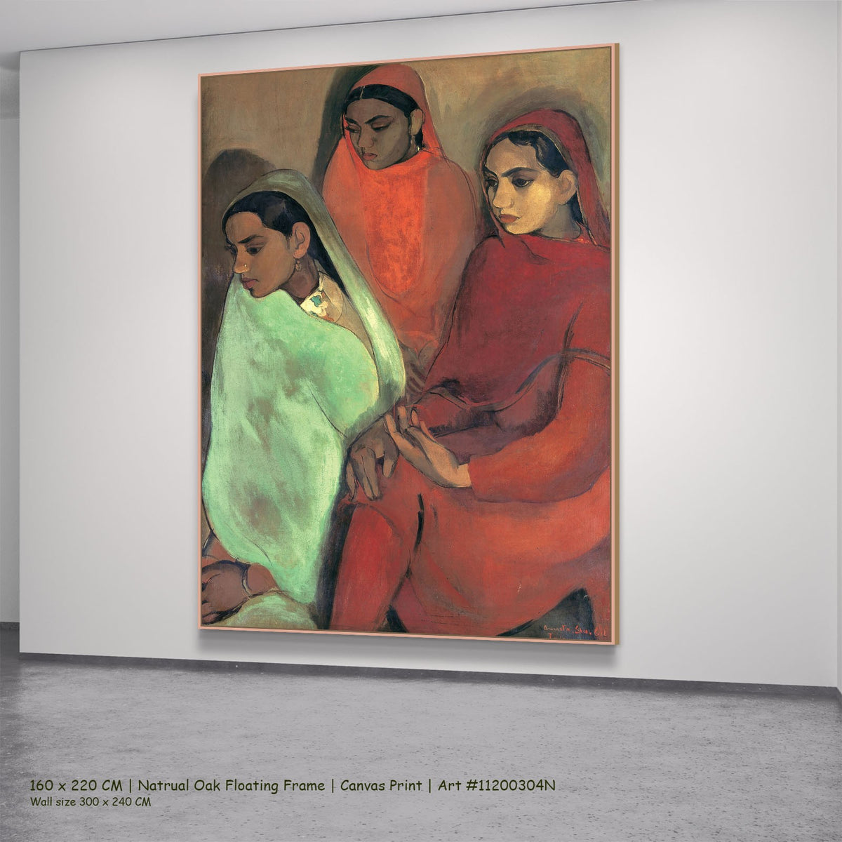 Three Girls by Amrita Sher-Gil in a natural oak floating frame, large red and green Portrait canvas