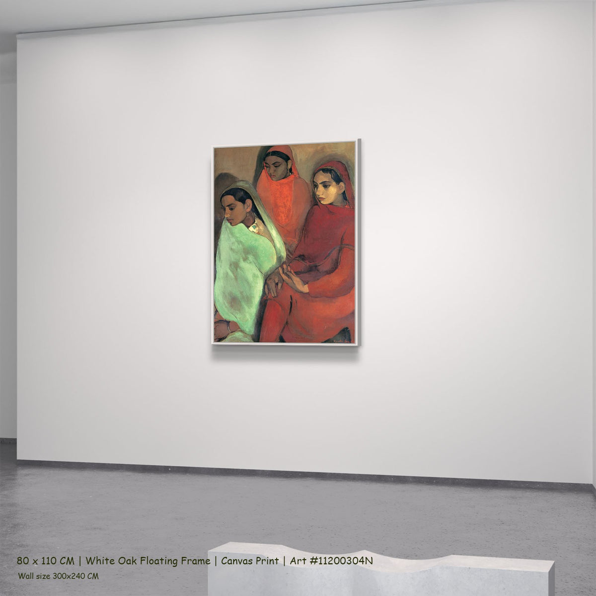 Three Girls by Amrita Sher-Gil in a white oak floating frame, large red and green Portrait canvas