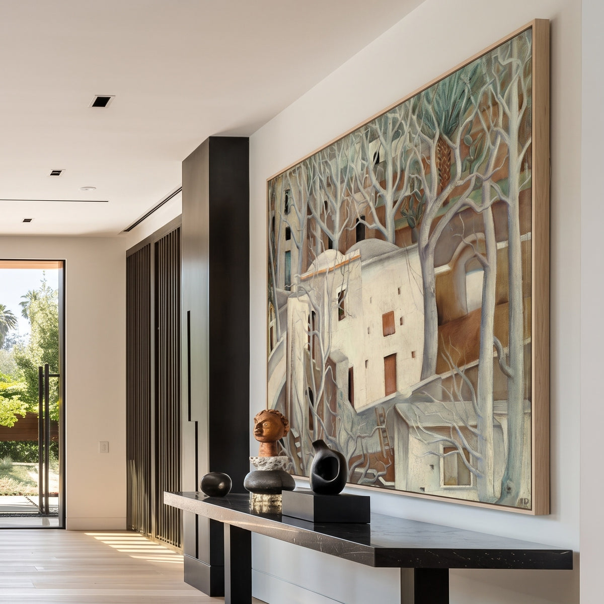 White Trees by Anita Rée — large brown and white Landscape canvas art on a hallway wall