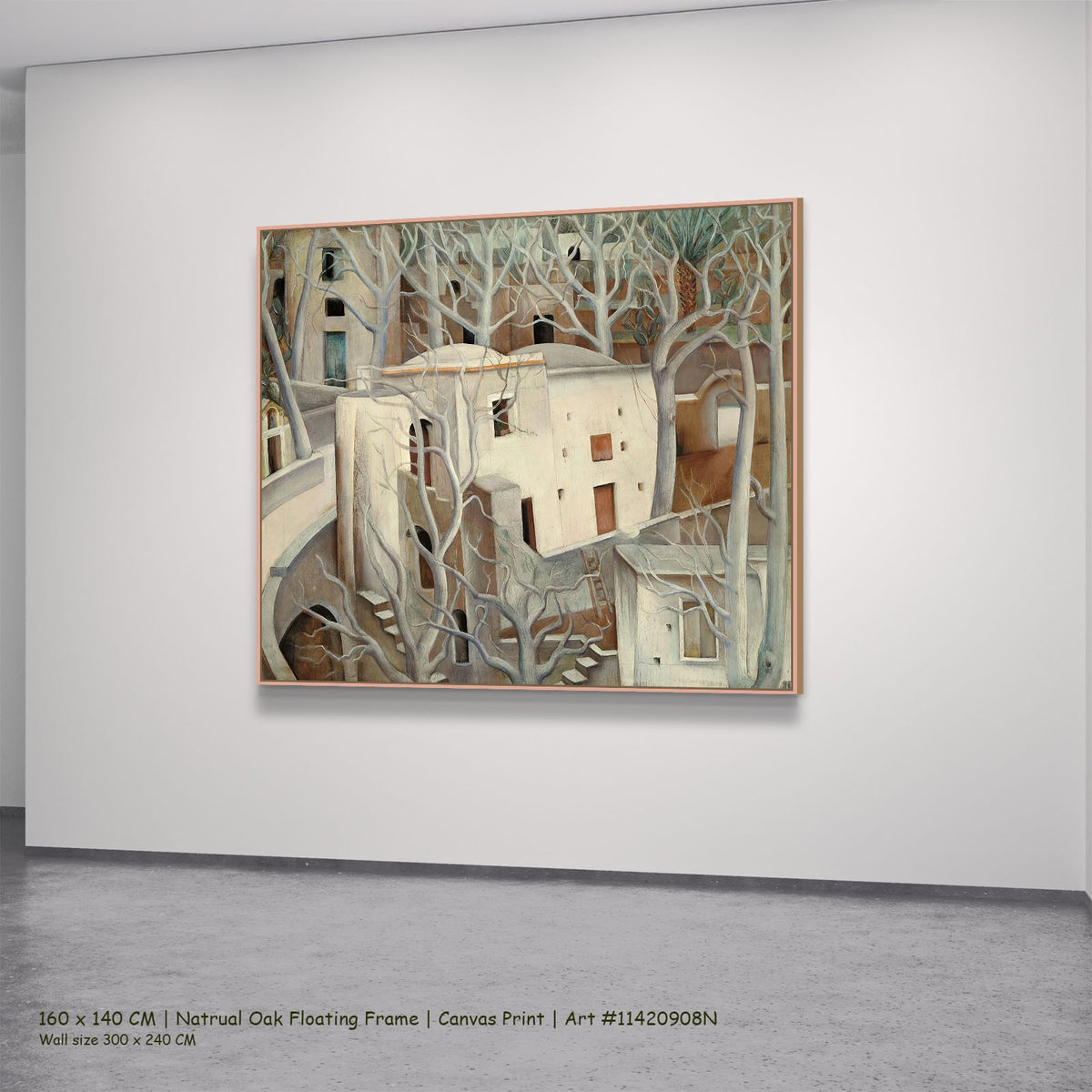 White Trees by Anita Rée in a natural oak floating frame, large brown and white Landscape canvas