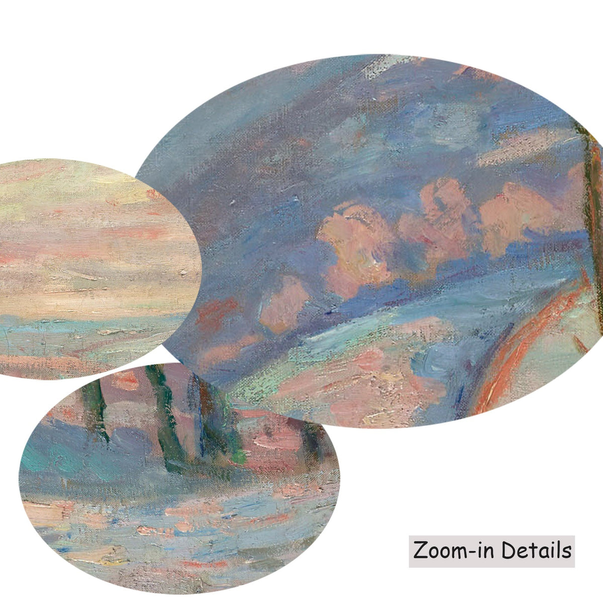 Armand Guillaumin — Close-up detail of the brushwork on Gelée blanche au village de Crozant, a large pink and blue…