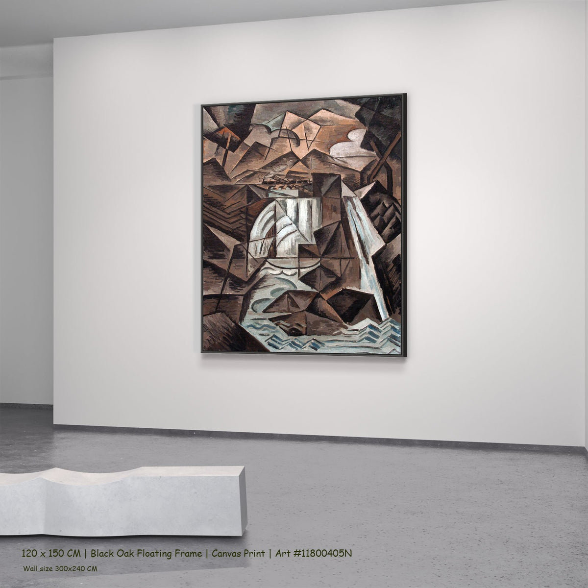 Waterfall in the Alps by Bohumil Kubišta in a black oak floating frame, large brown and white Cubist canvas