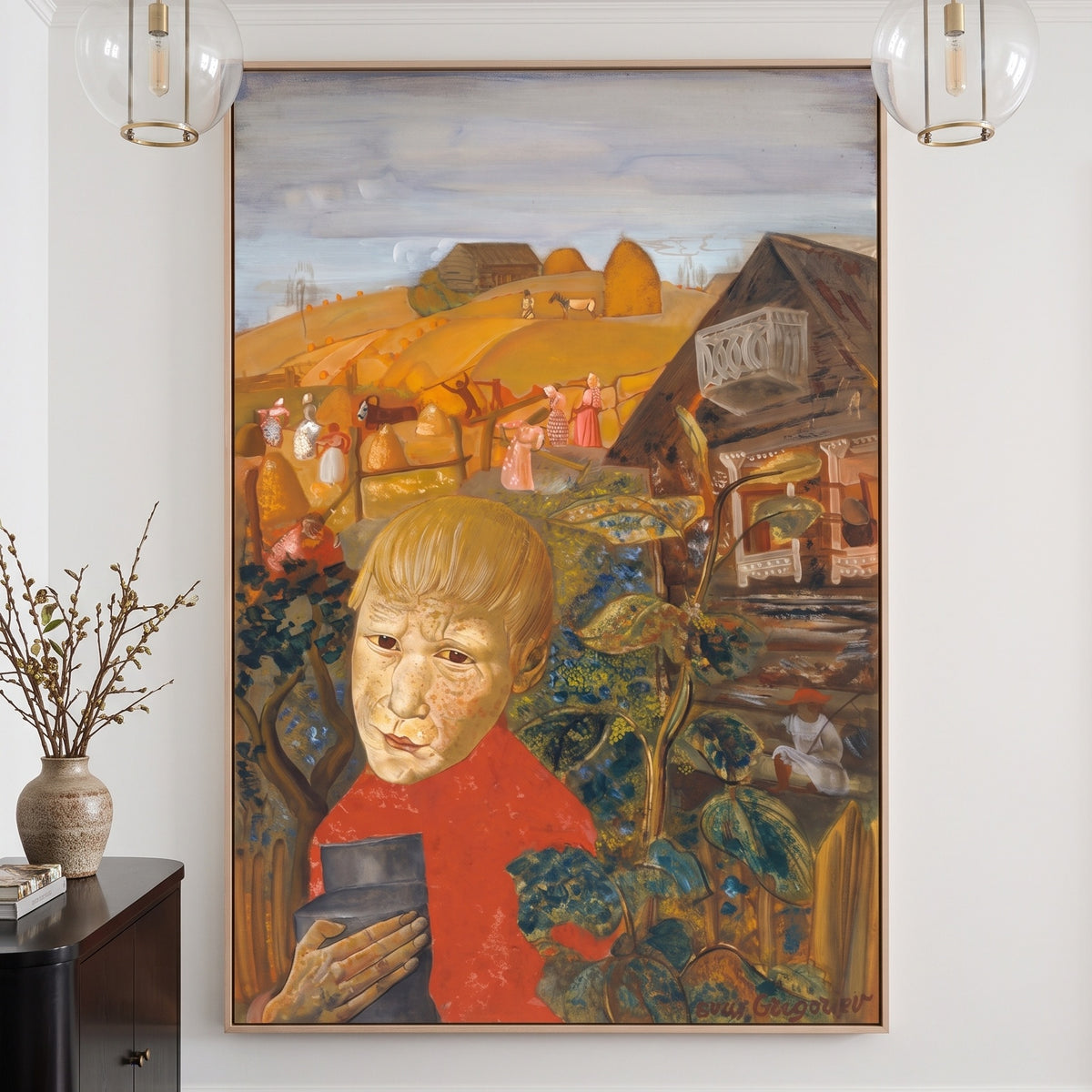 Sergei Esenin as a Youth by Boris Grigoriev — large orange and red Expressionist canvas art on a hallway wall