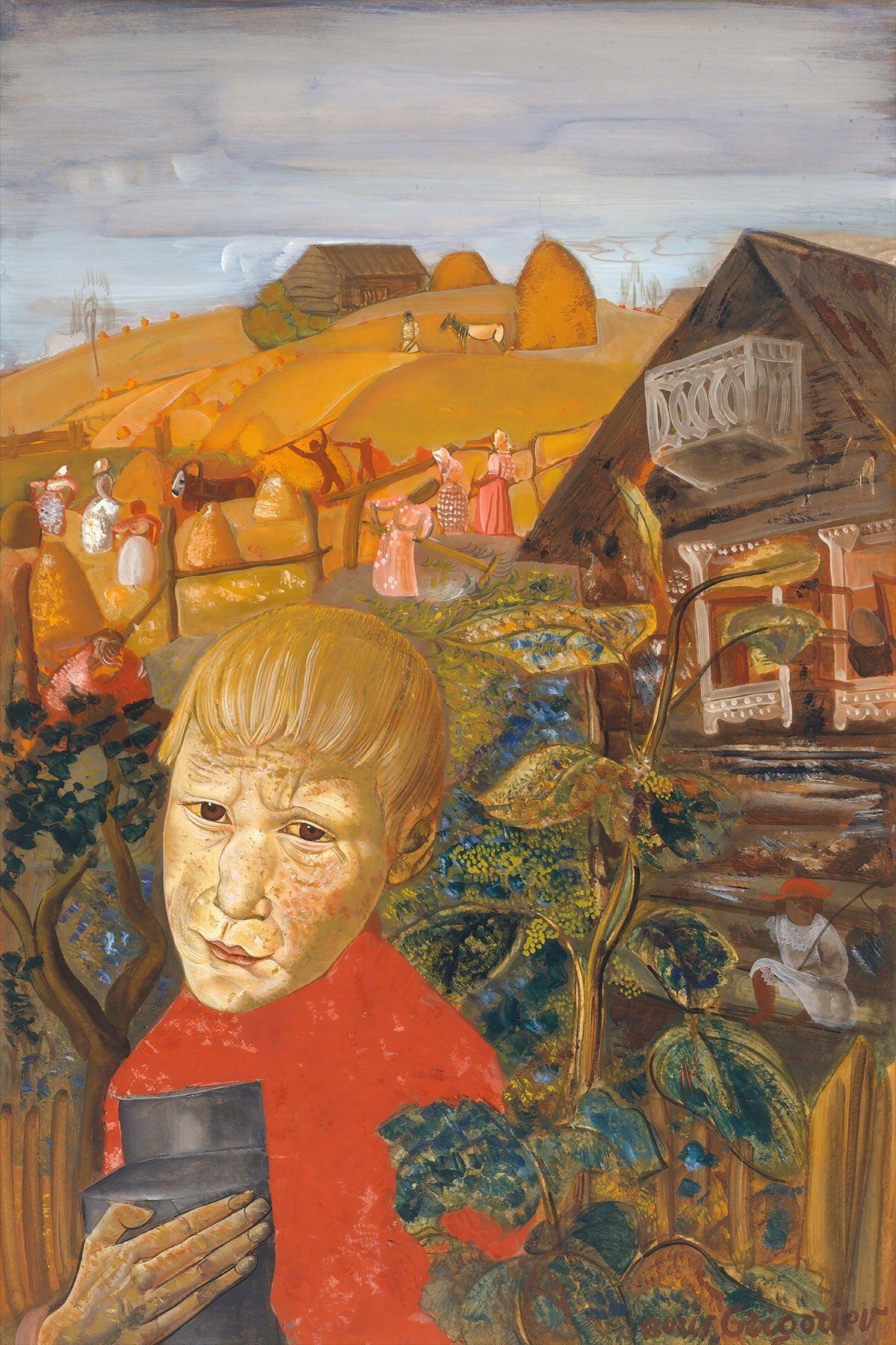 Large orange and red Expressionist canvas print of Sergei Esenin as a Youth by Boris Grigoriev