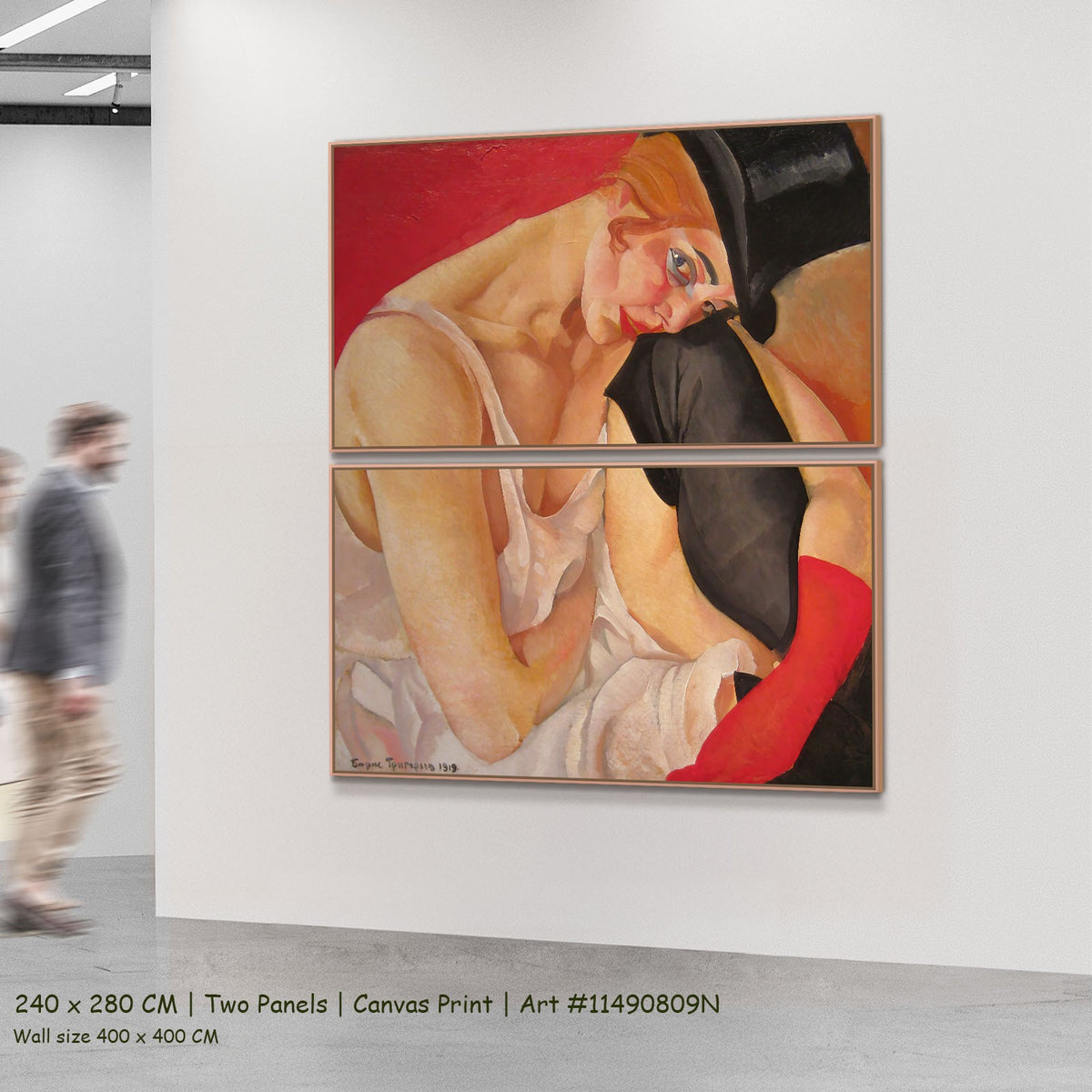Woman in a Top Hat by Boris Grigoriev as a large two-panel pink and red Expressionist canvas set