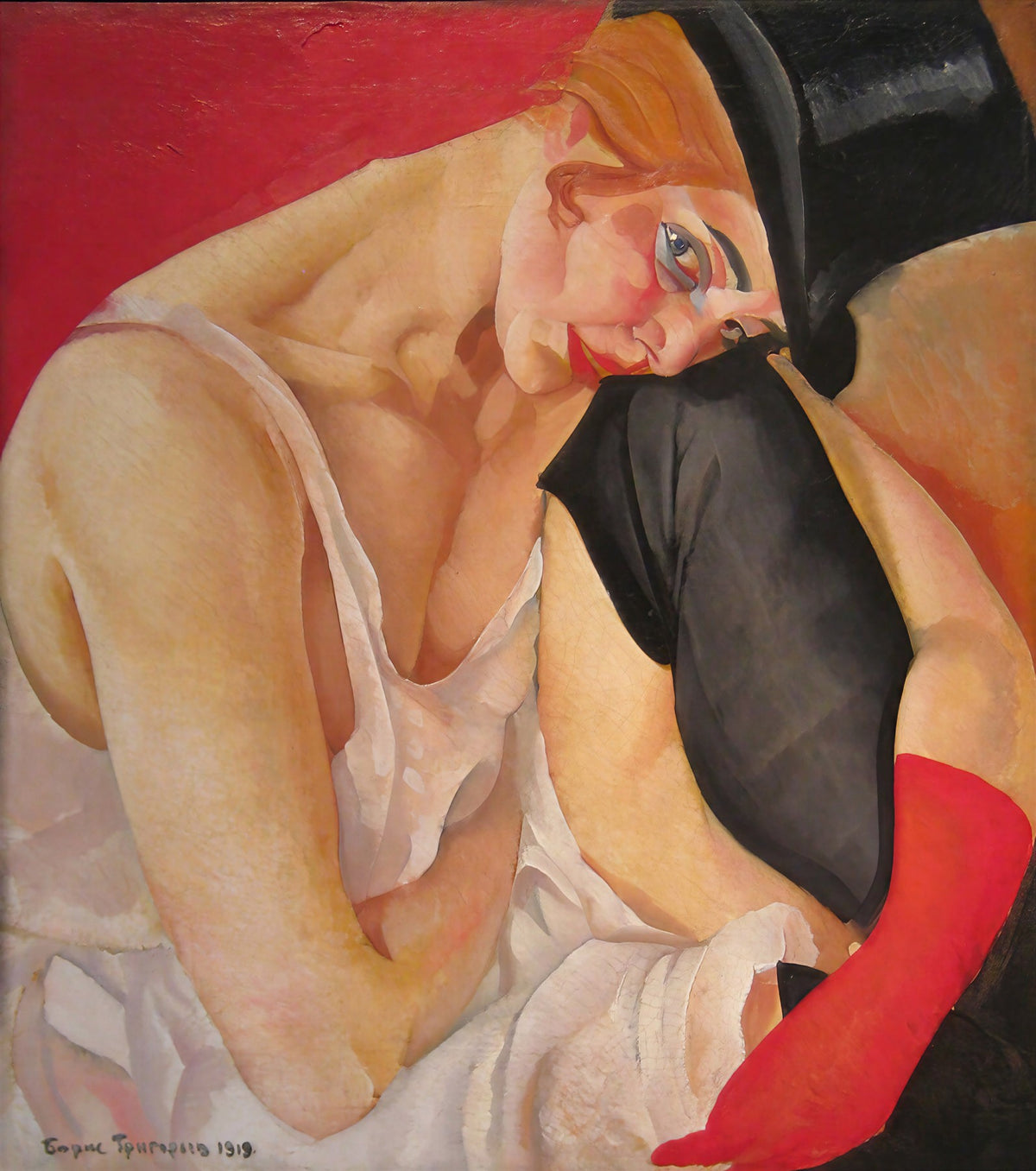 Large pink and red Expressionist canvas print of Woman in a Top Hat by Boris Grigoriev