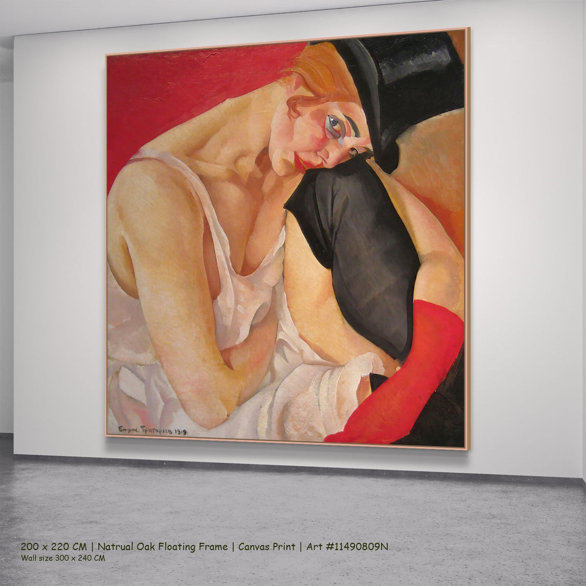 Woman in a Top Hat by Boris Grigoriev in a natural oak floating frame, large pink and red Expressionist canvas
