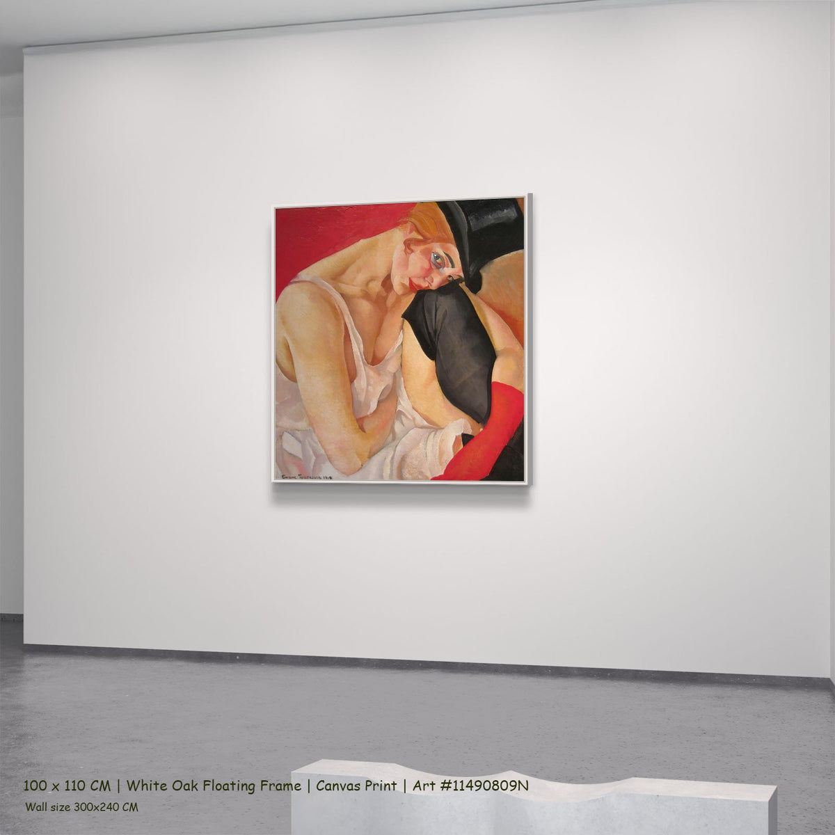 Woman in a Top Hat by Boris Grigoriev in a white oak floating frame, large pink and red Expressionist canvas