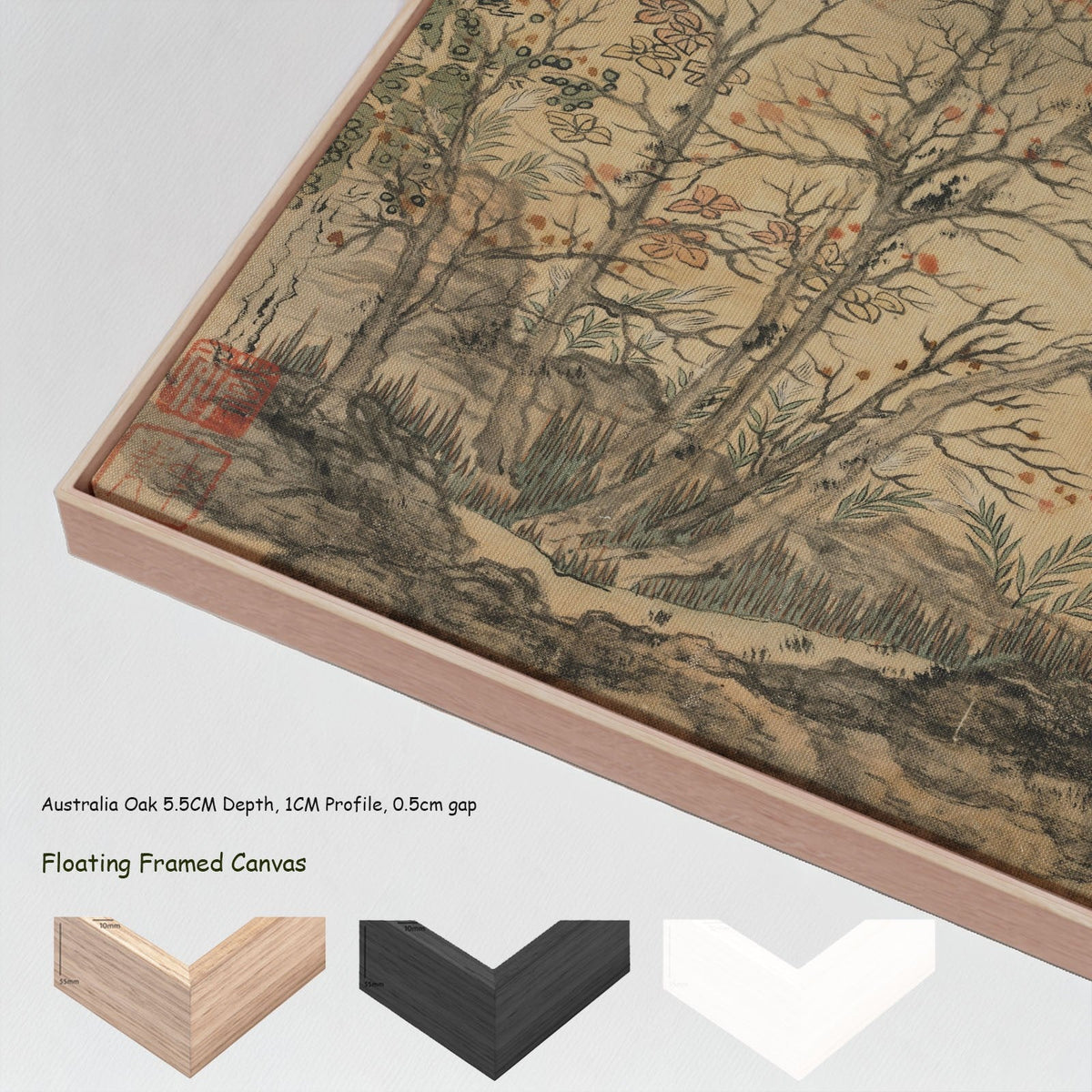 Autumn Landscape by Chen Hongshou in a floating frame, large gold and grey Landscape canvas print