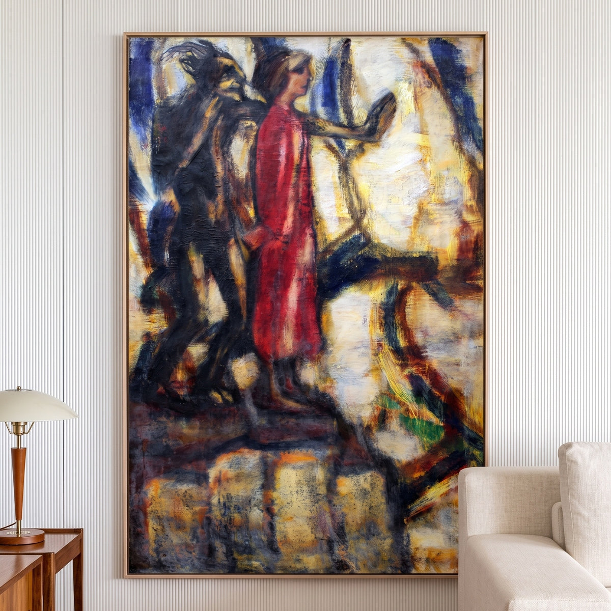 The Temptation of Christ by Christian Rohlfs — large gold and black Expressionist canvas art displayed on a wall