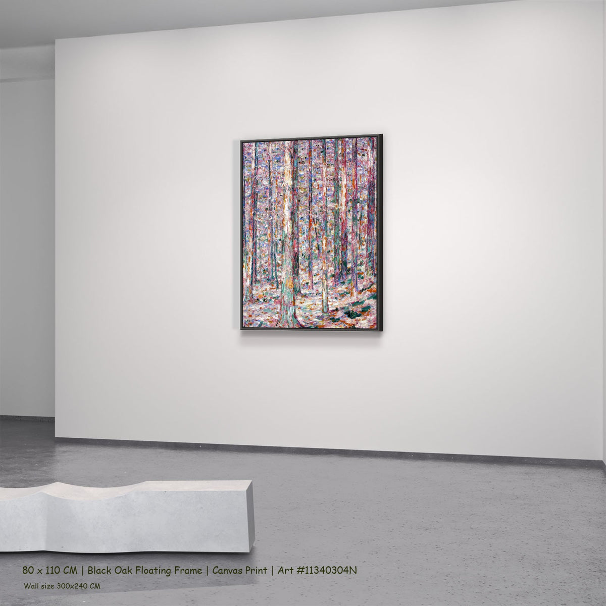 Trunks of Pines in Sunlight by Christian Rohlfs in a black oak floating frame, large pink and light blue Pointillist canvas