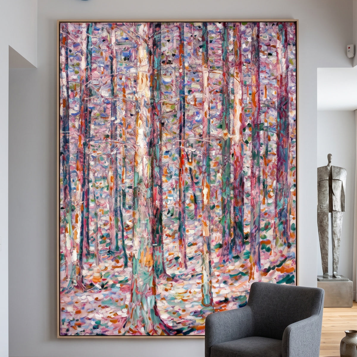 Trunks of Pines in Sunlight by Christian Rohlfs — large pink and light blue Pointillist canvas art on a living room wall